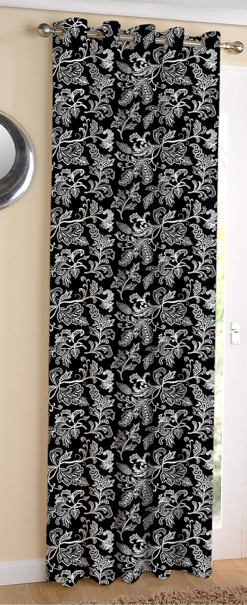 AIRWILL Cotton Black Flower Designed Blackout and Room Darkening 7ft Door Curtains Pack of 1 pc. (Floral - Black)
