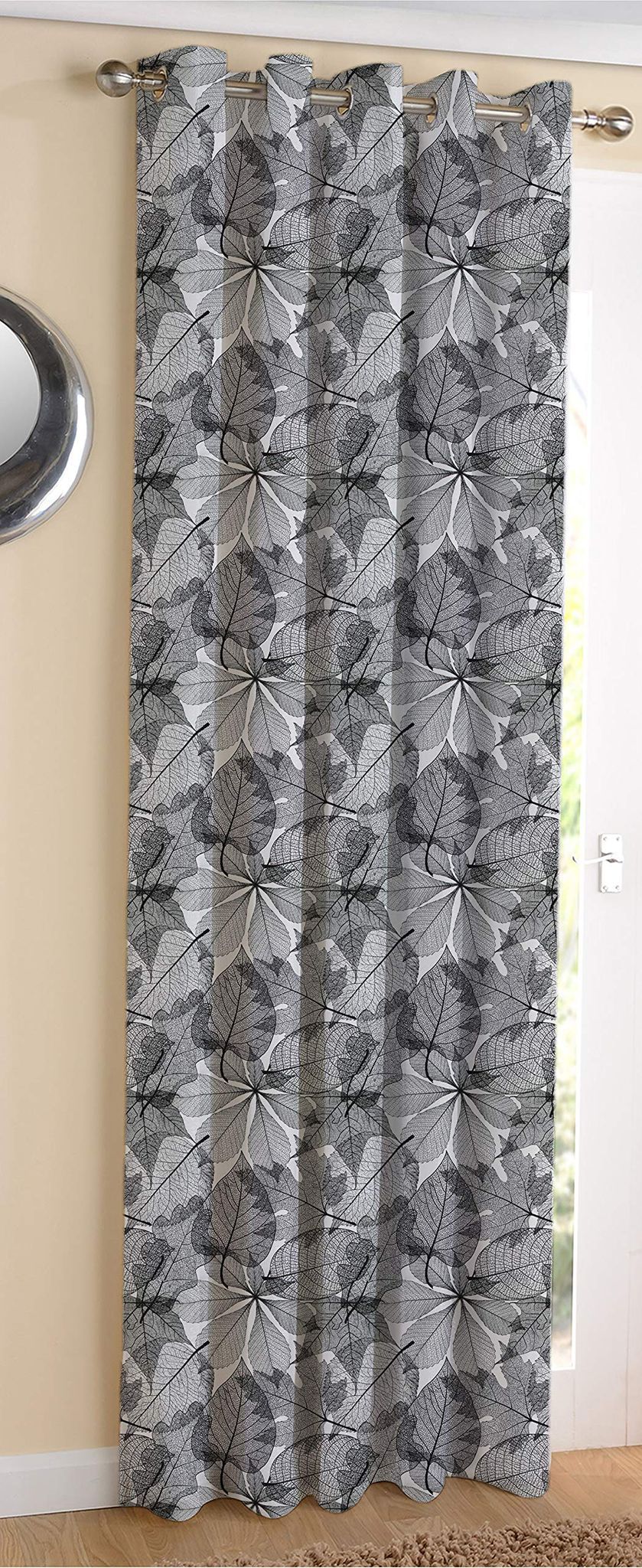 AIRWILL Cotton Palm Leaf Designed Blackout and Room Darkening 7ft Door Curtains Pack of 1 pc. (Floral - Black)