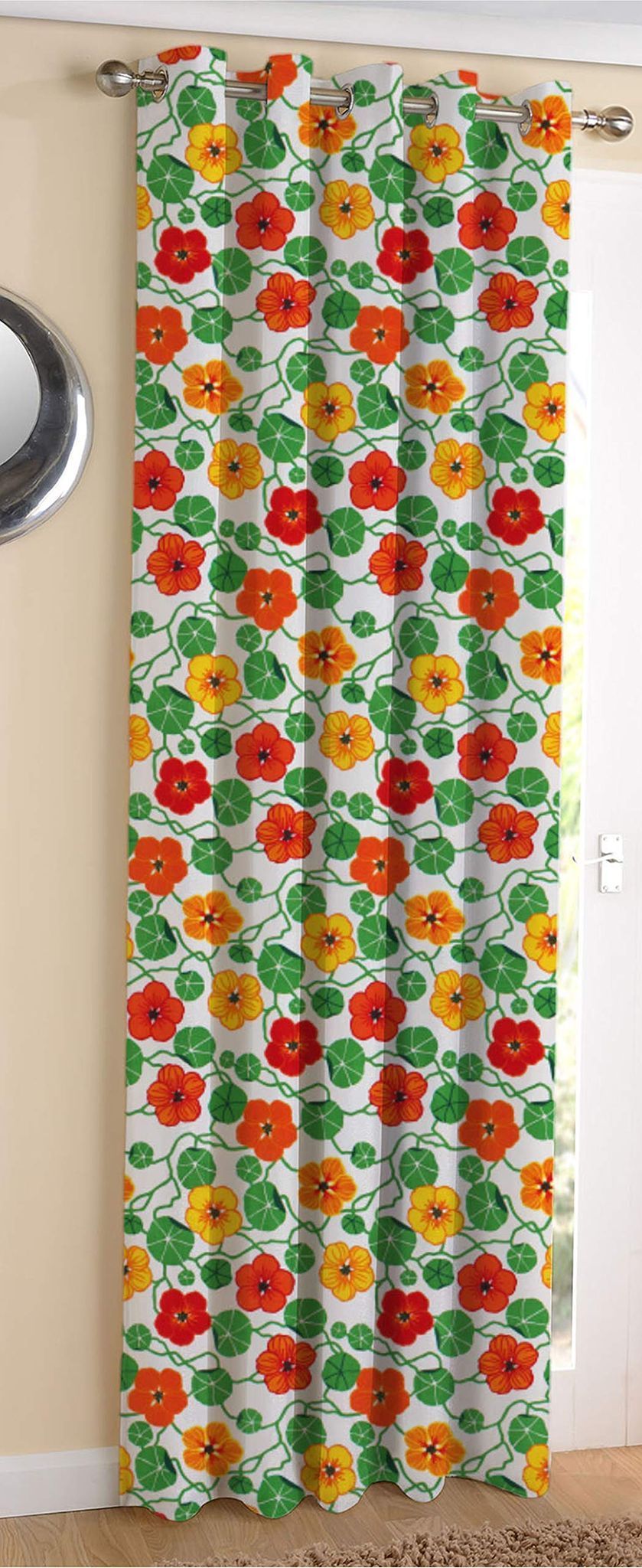 AIRWILL Cotton Green & Orange Flower Designed Blackout and Room Darkening 7ft Door Curtains Pack of 1 pc. (Floral - Green,Red,Yellow)