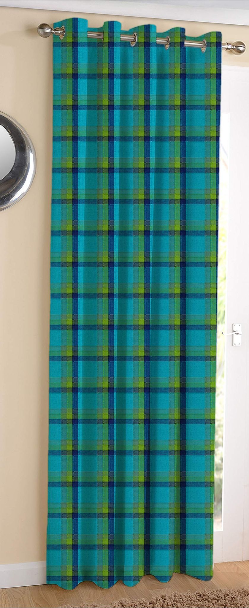 AIRWILL Cotton Iron Dobby Blue Designed Blackout and Room Darkening 7ft Door Curtains Pack of 1 pc. (Checks - Blue)