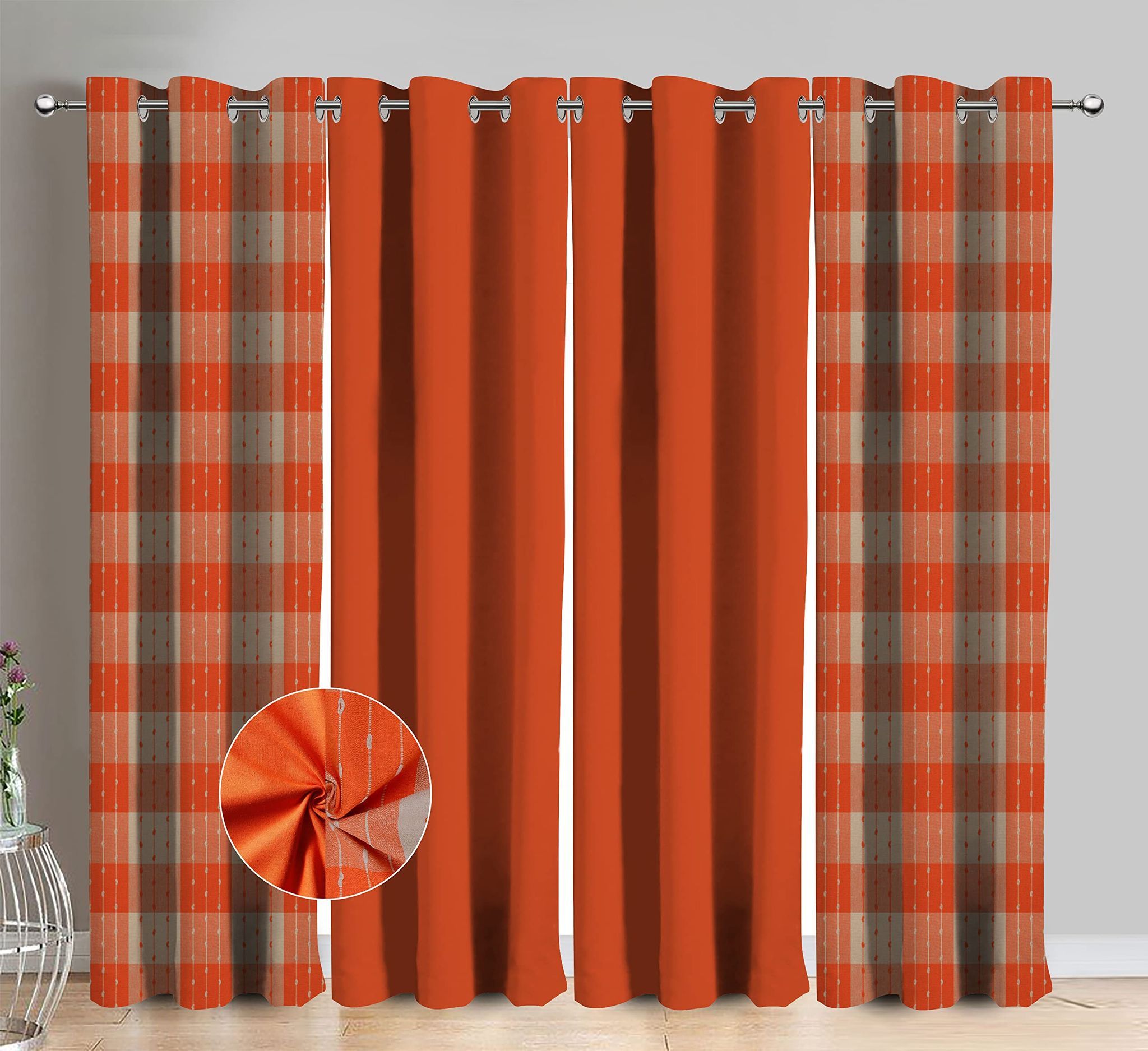 AIRWILL Cotton Gingham Check Orange Checkered & Solid Pattern Window Curtains 153 / 5ft Length - (Orange, Pack of 4)