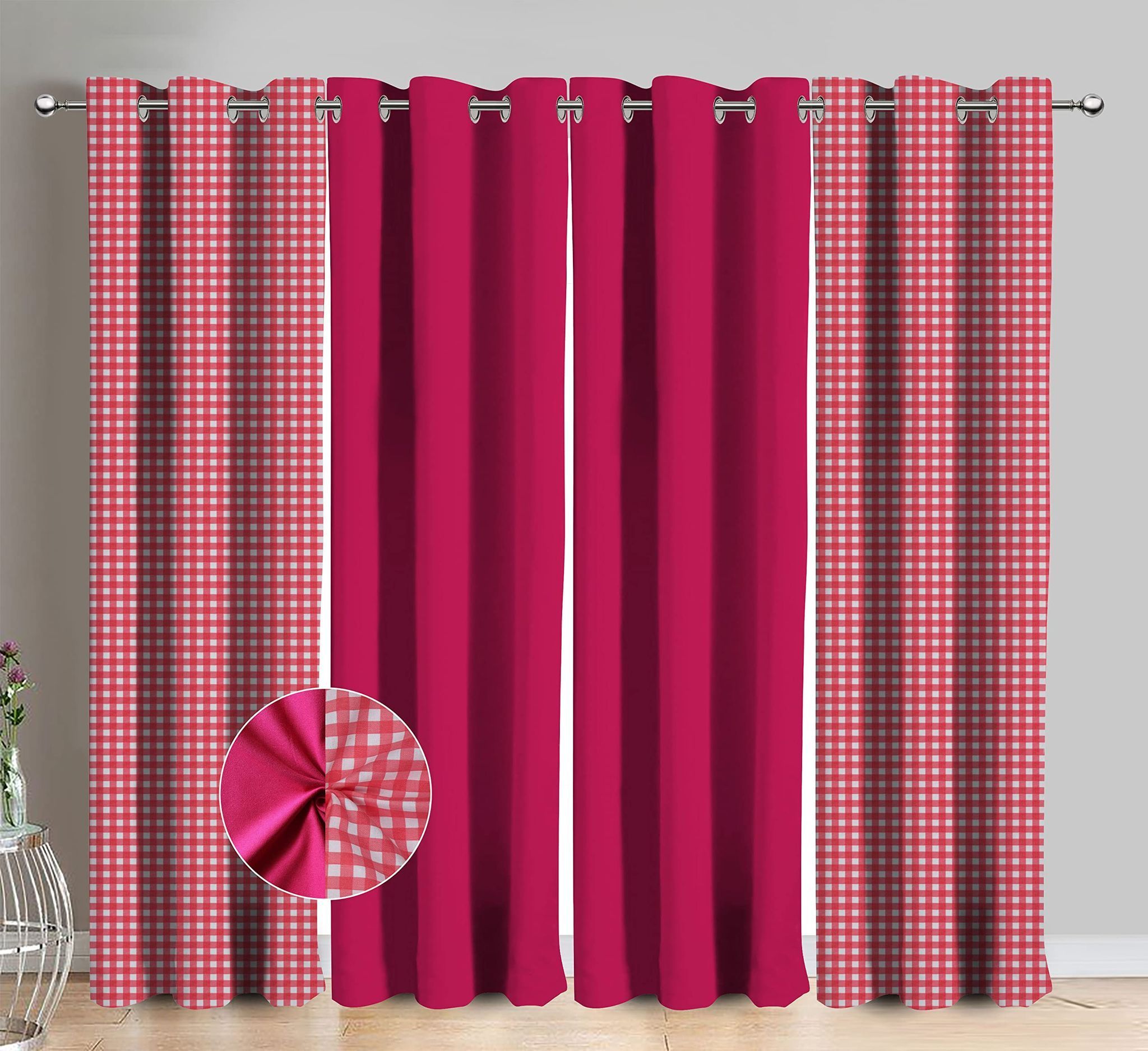 AIRWILL Cotton Gingham Check Pink Checkered & Solid Pattern Window Curtains 153 / 5ft Length - (Pink, Pack of 4)