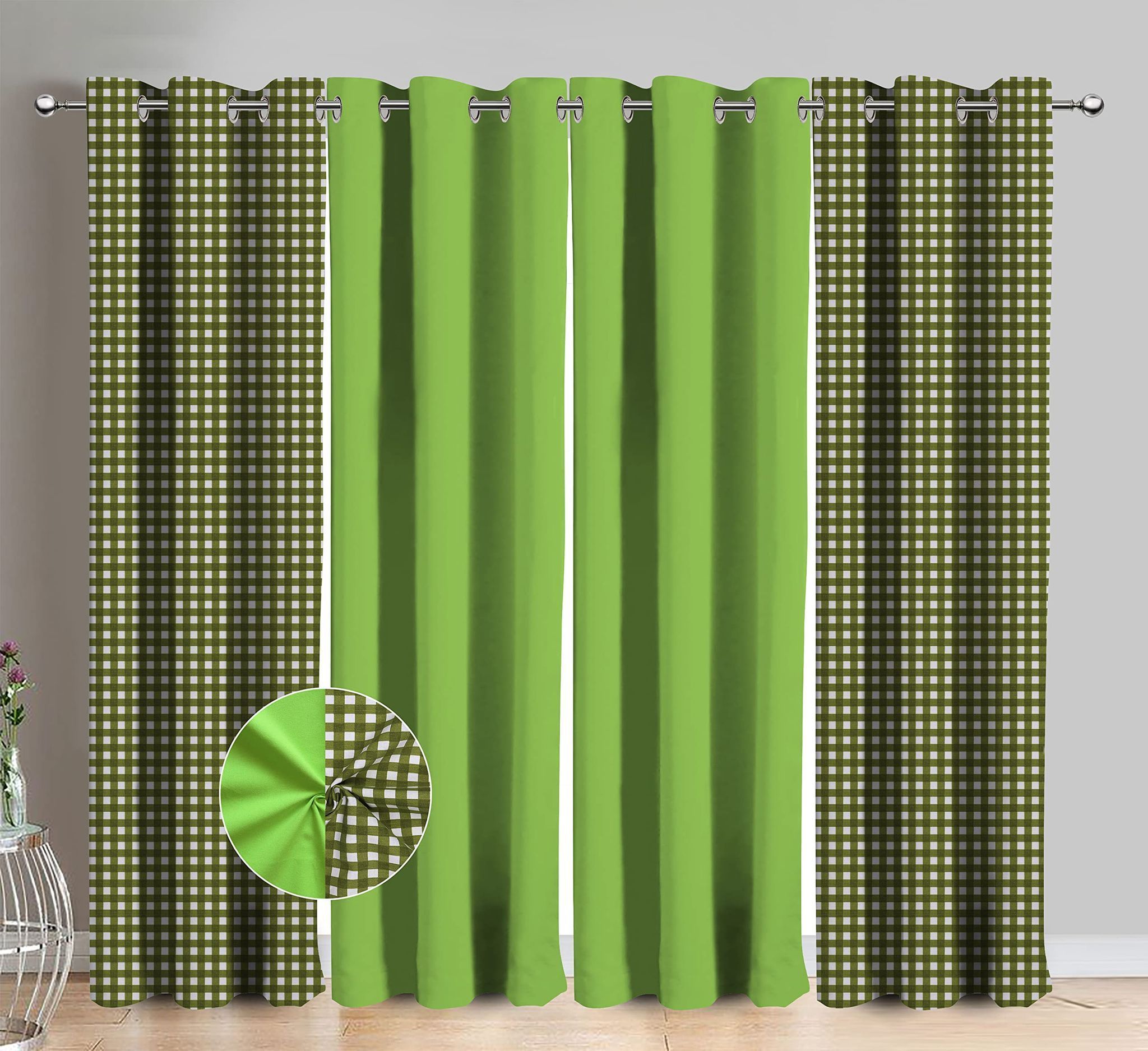 AIRWILL Cotton Gingham Check Green Checkered & Solid Pattern Window Curtains 153 / 5ft Length - (Green, Pack of 4)