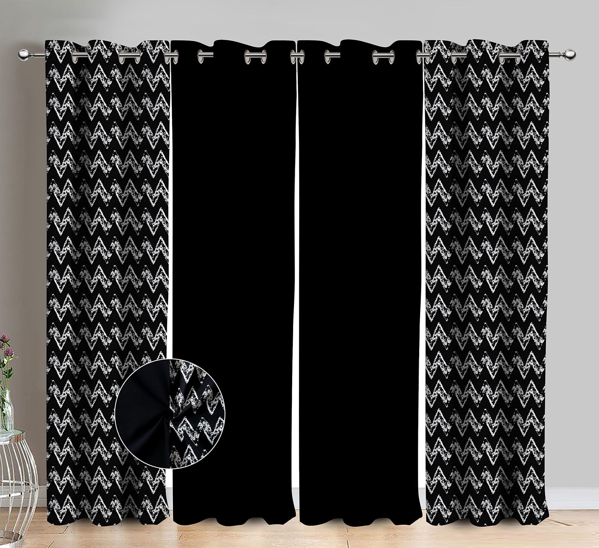 AIRWILL Cotton Classic Diamond Black Geometric & Solid Pattern Window Curtains 153 / 5ft Length - (Black, Pack of 4)