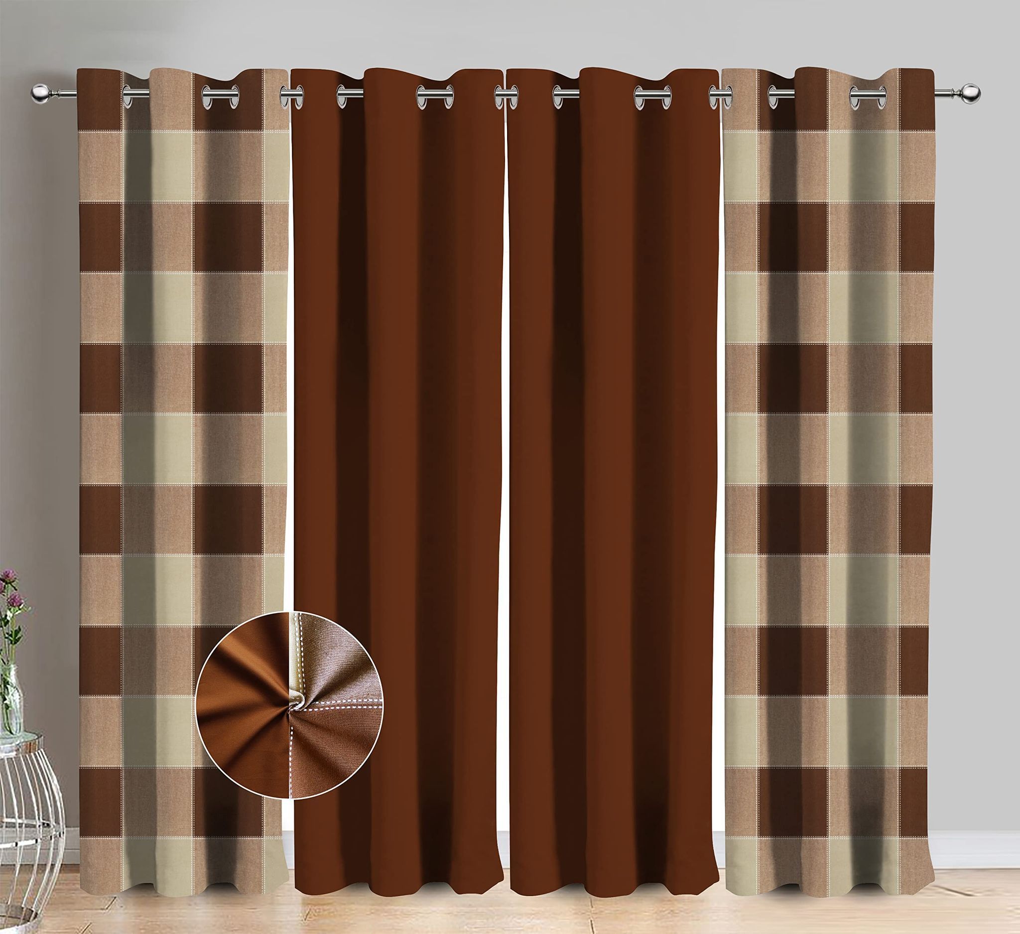 AIRWILL Cotton Gingham Check Brown Checkered & Solid Pattern Window Curtains 153 / 5ft Length - (Brown, Pack of 4)