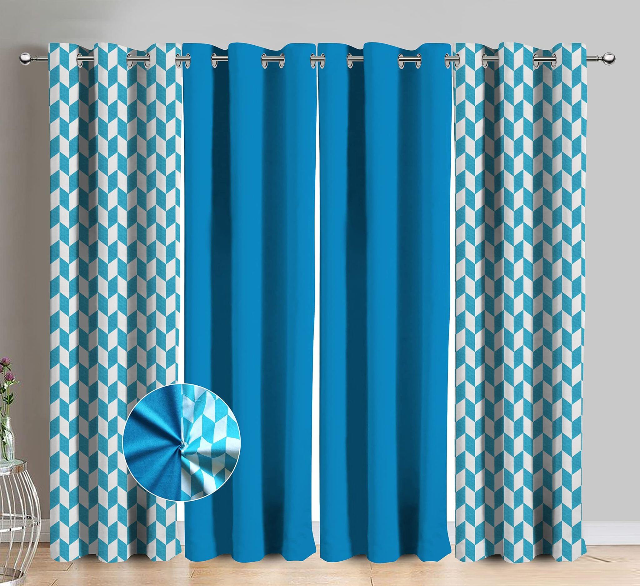 AIRWILL Cotton Classic Diamond Sea Blue Geometric & Solid Pattern Window Curtains 153 / 5ft Length - (Blue, Pack of 4)