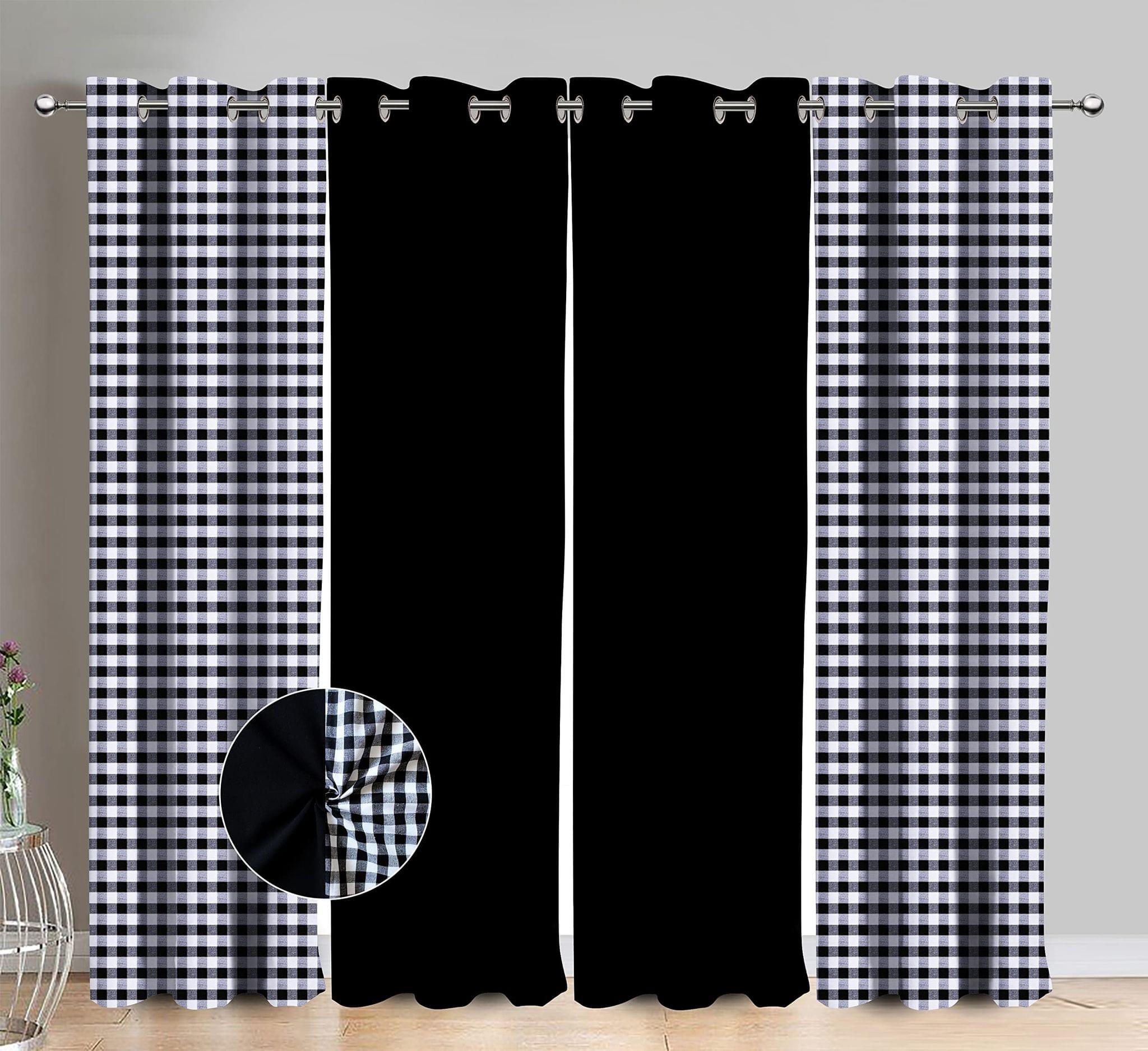 AIRWILL Cotton Dobby Black Checkered & Solid Pattern Window Curtains 153 / 5ft Length - (Black, Pack of 4)