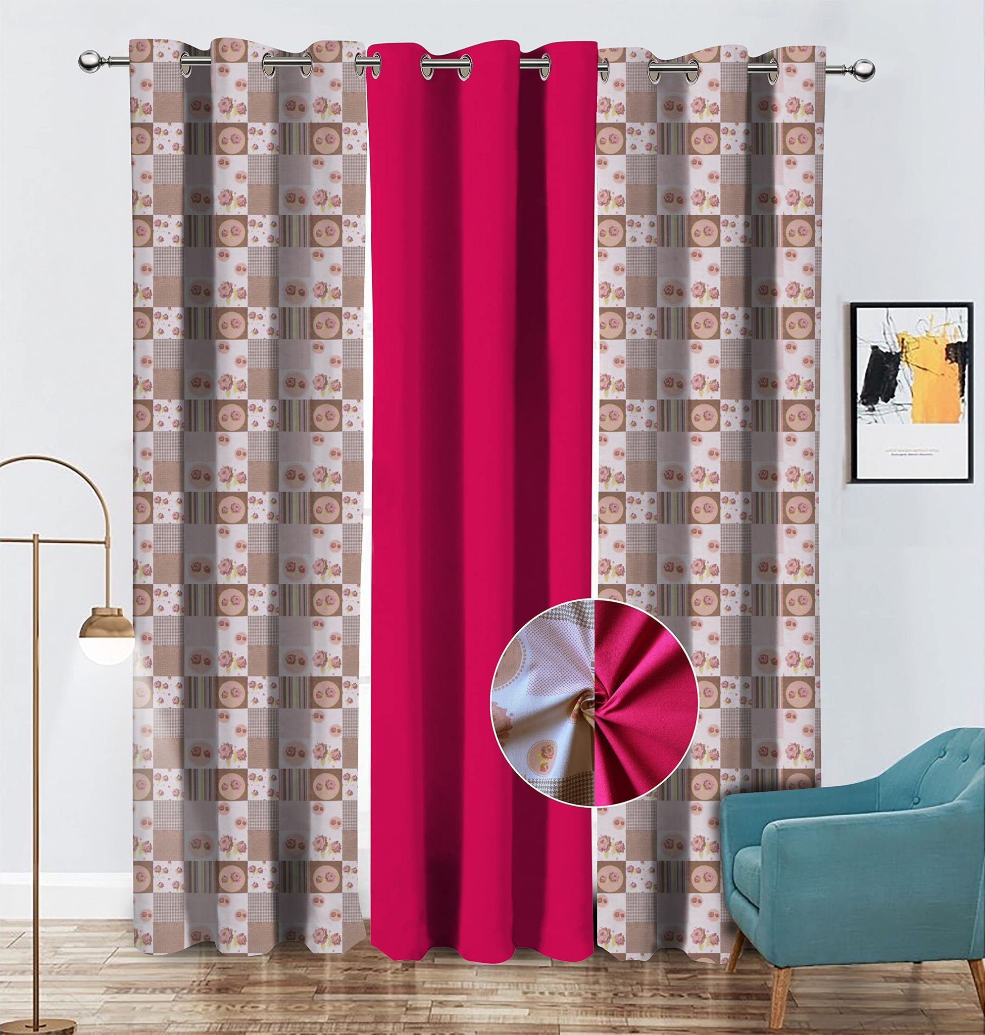 Airwill Cotton Printed & Solid Pattern Window Curtains 153cm / 5ft - (Pink, Pack of 3)