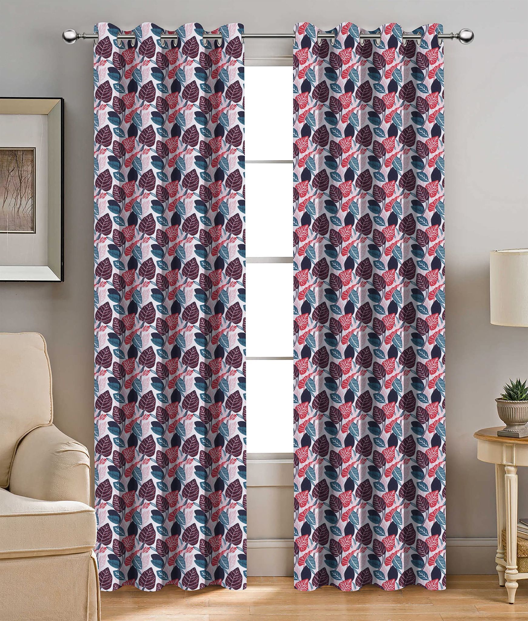 AIRWILL, Cotton Designer Leafs Pattern Themed Designer Door Curtains, Sized 4ft in Width and 7ft in Length. Pack of 2 Pieces