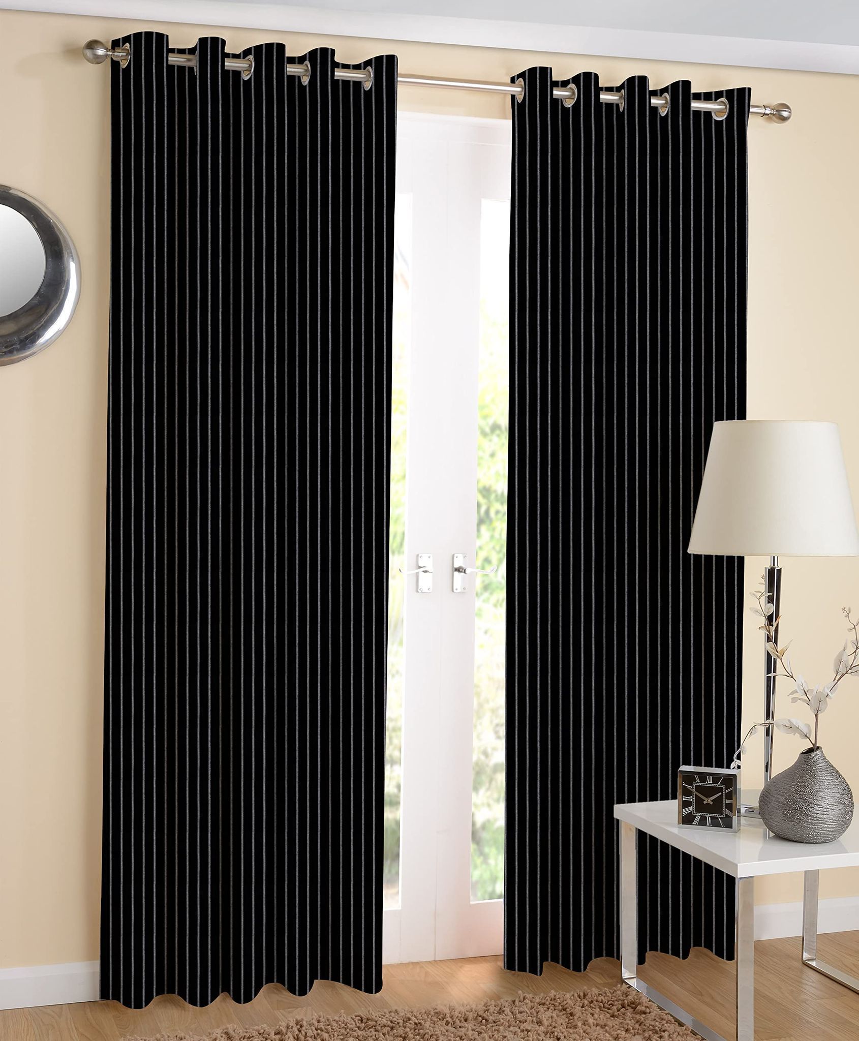 AIRWILL, Cotton Striped Pattern Door - 4x7ft Curtains - (Pack of 2 pcs) - Black
