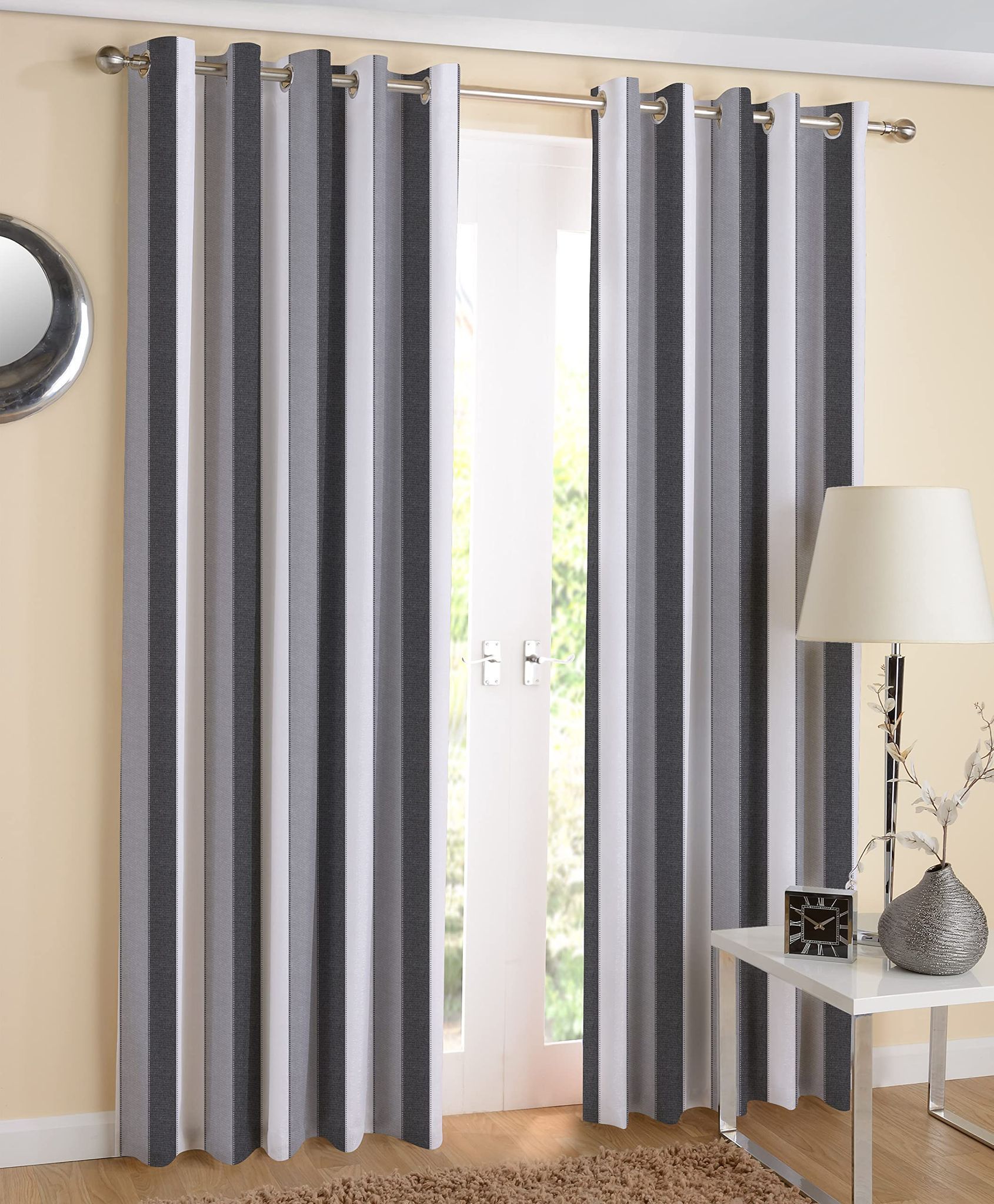 AIRWILL, Cotton Striped Pattern Door - 4x7ft Curtains - (Pack of 2 pcs) - Black, Grey