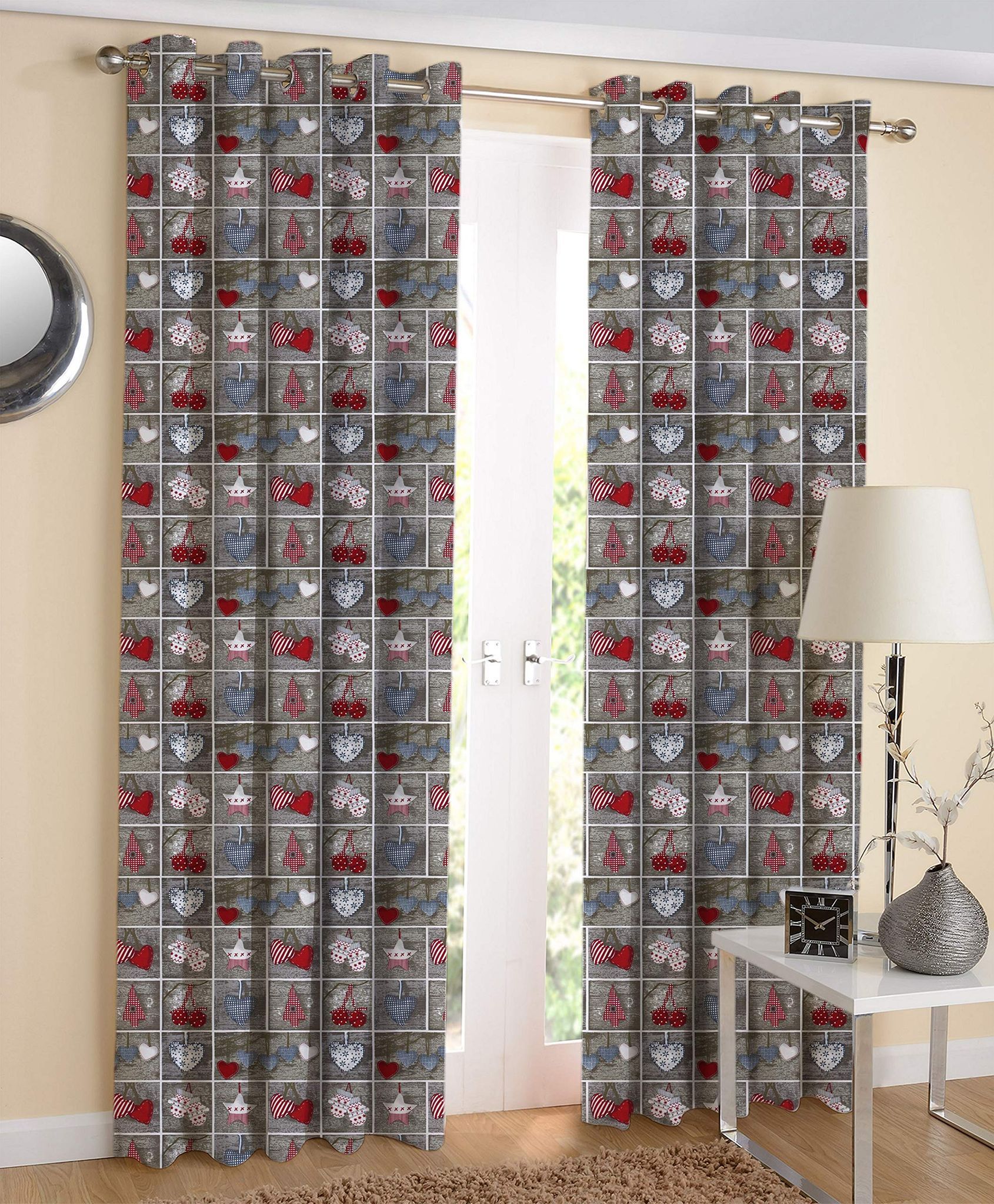 AIRWILL 100% Cotton Printed Pattern Door Curtains Sized, 7ft Length (Grey,Red, Pack of 2 pcs)