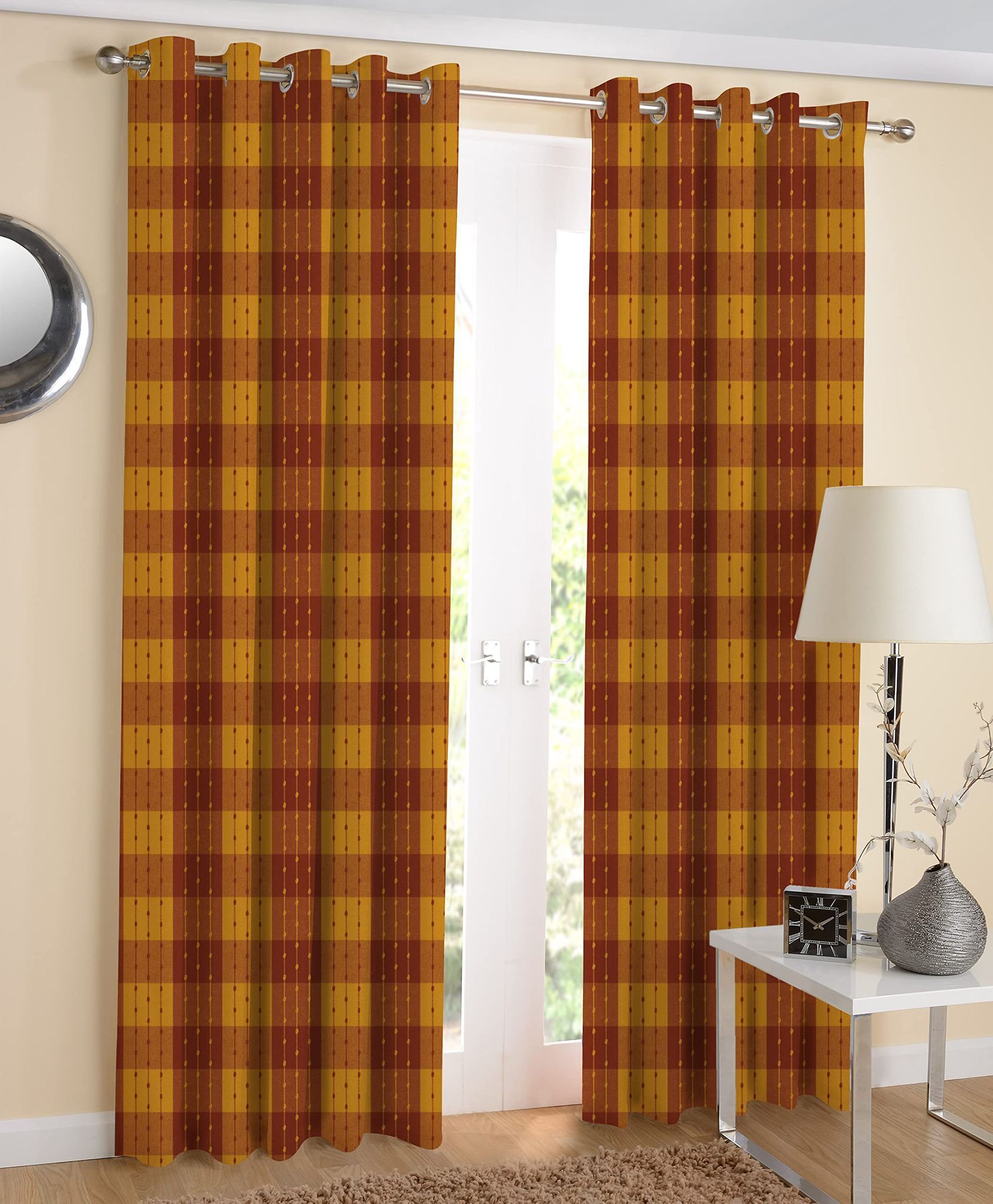 AIRWILL, Cotton Checkered Pattern Door - 4x7ft Curtains - (Pack of 2 pcs) - Maroon, Yellow