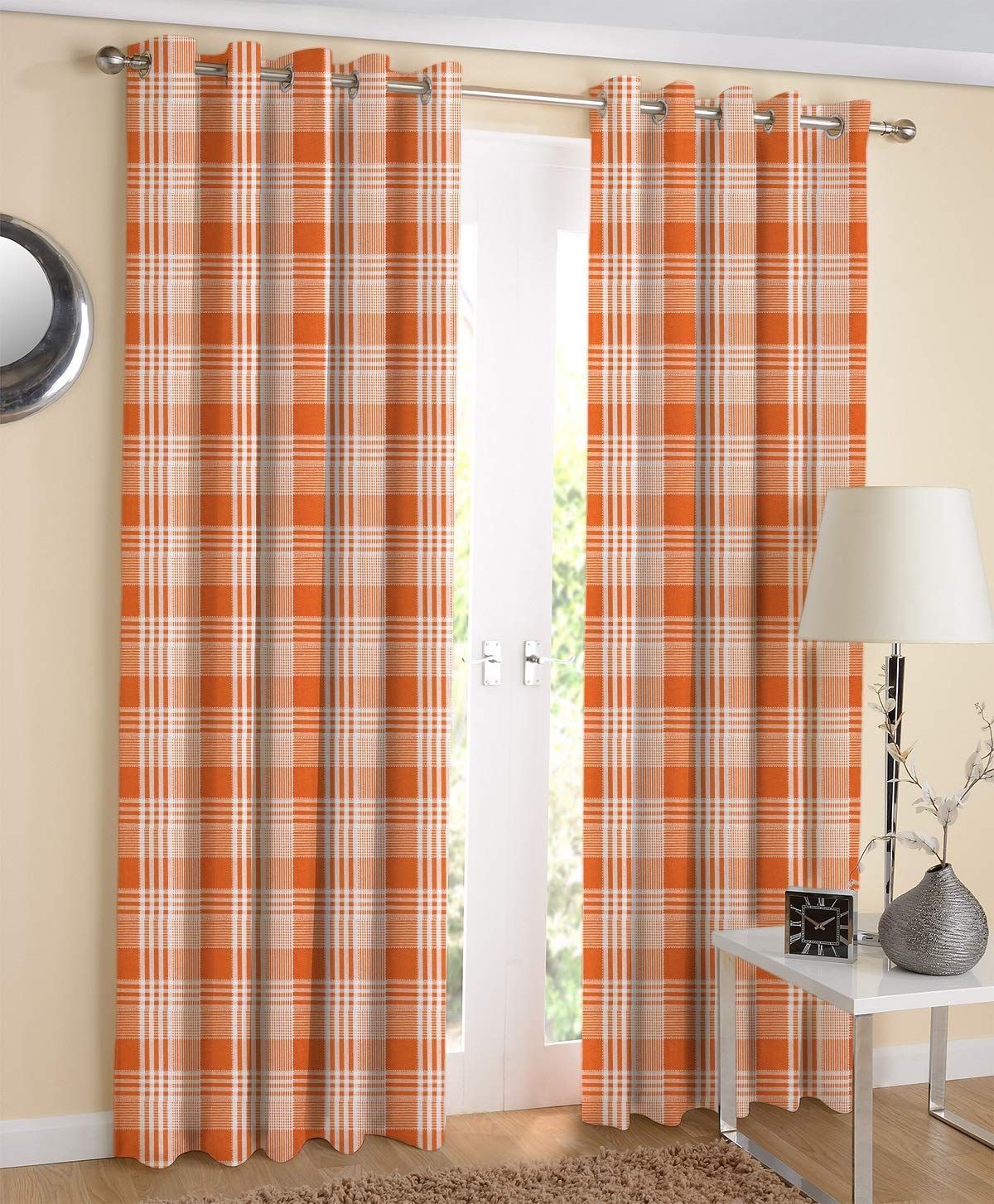 AIRWILL Cotton Checkered Door Curtain (Orange, 4 x 7 ft) - Pack of 2