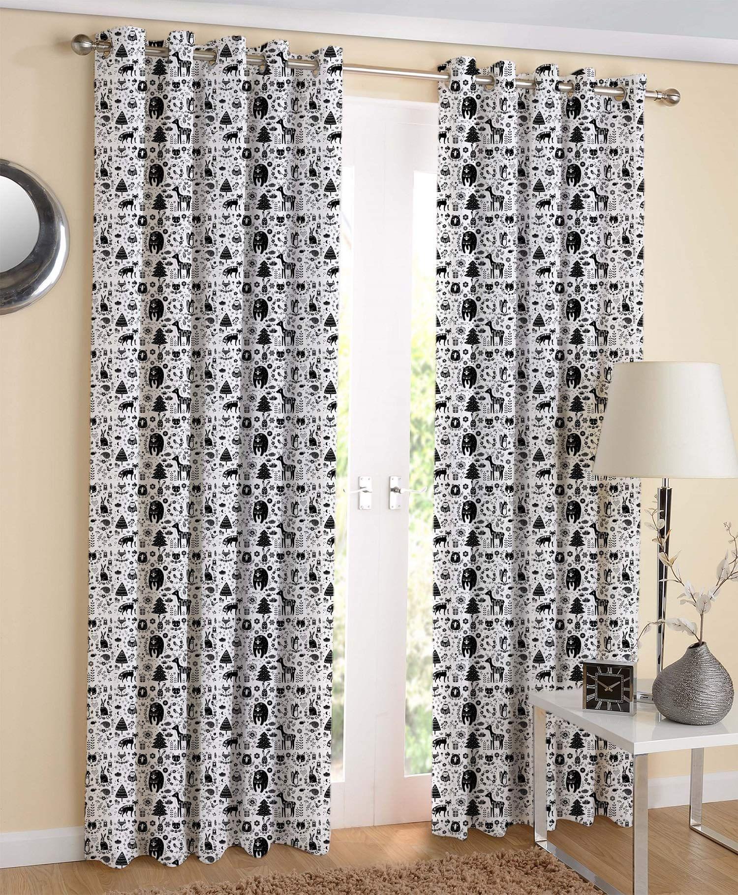 AIRWILL, 100% Cotton Designer Printed 7ft Door Curtains, (Black &White Colors) Pack of 2 pcs