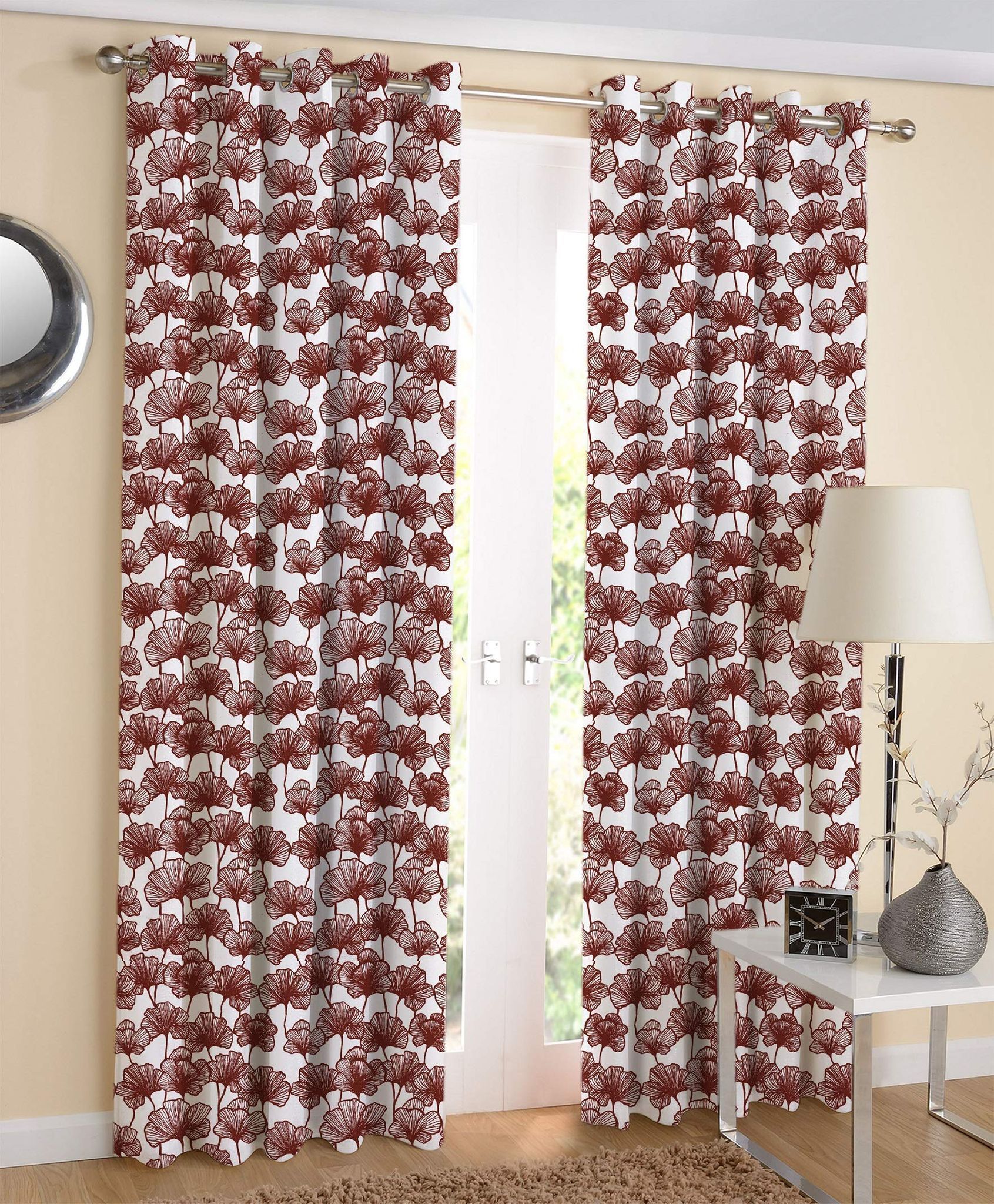 AIRWILL Maroon Floral Pattern Cotton Window Curtains 4x5ft Pack of 2 Pieces