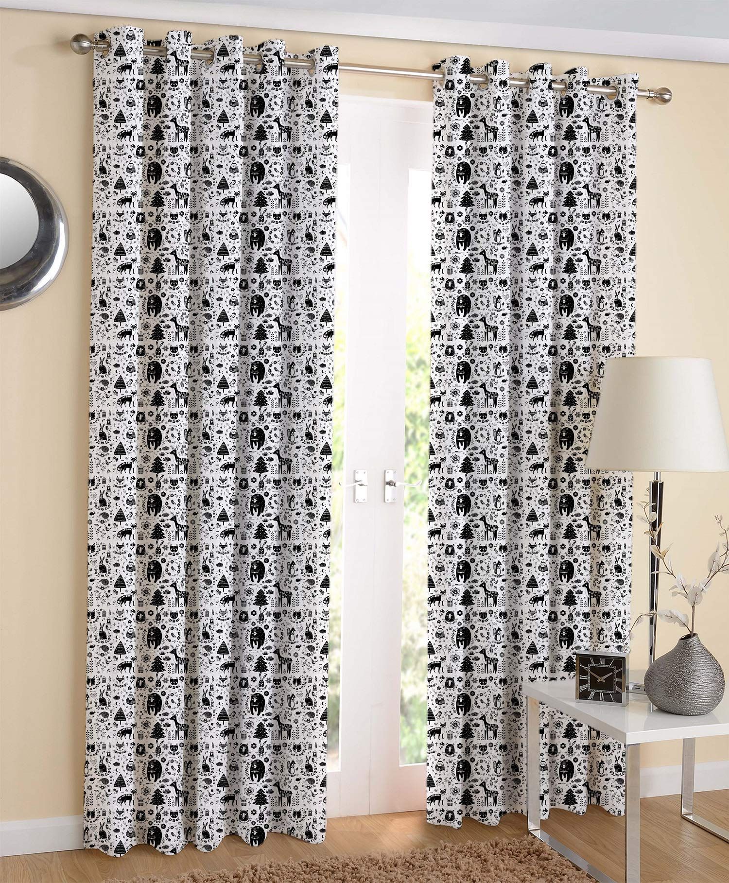 AIRWILL White & Black Printed Pattern Cotton Window Curtains 4x5ft Pack of 2 Pieces