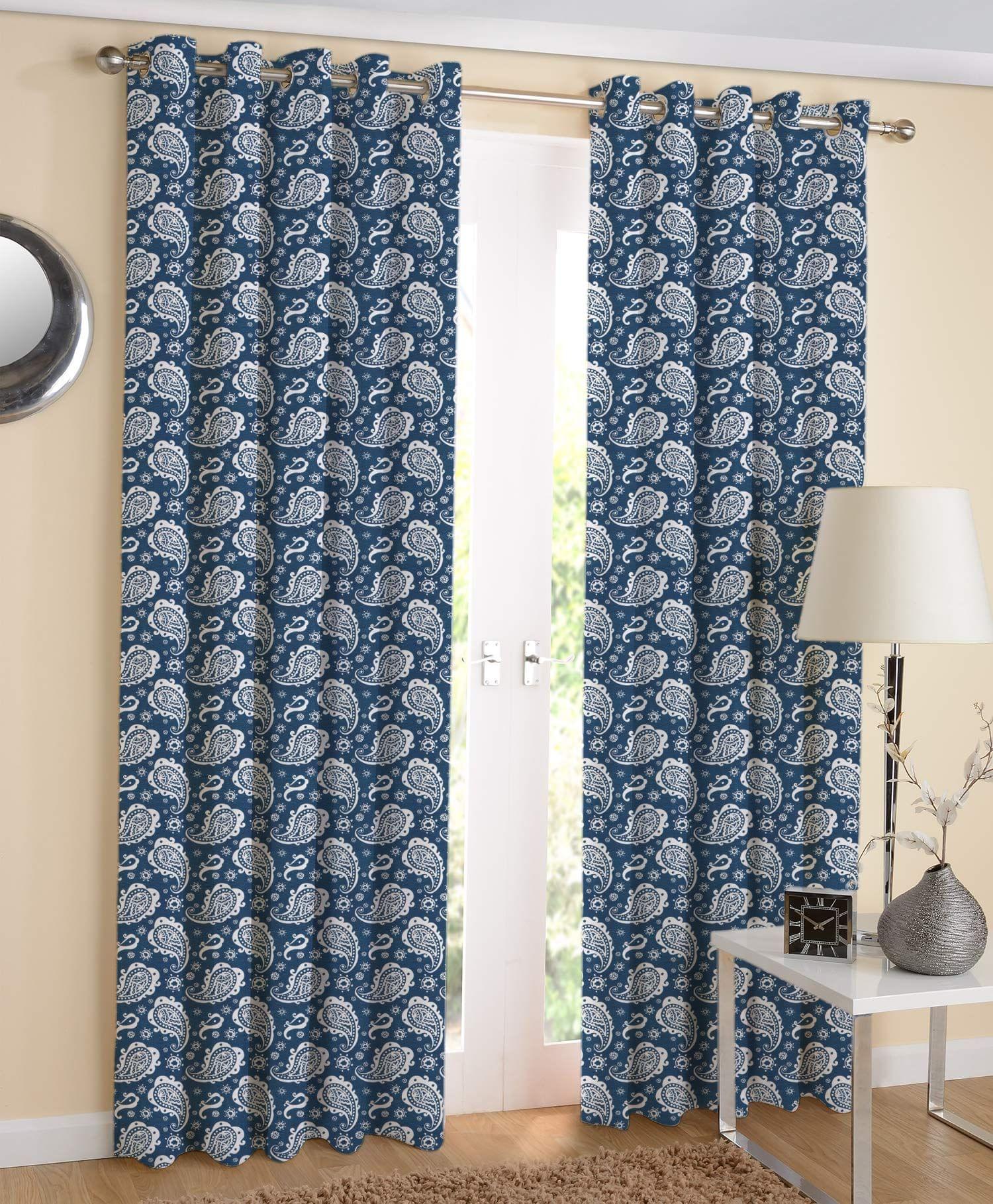 AIRWILL Blue Motif Pattern Cotton Window Curtains 4x5ft Pack of 2 Pieces