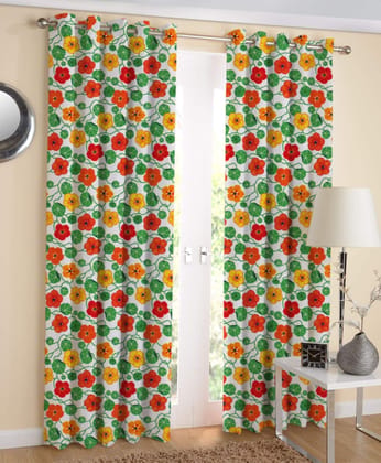 AIRWILL Orange & Green Floral Pattern Cotton Window Curtains 4x5ft Pack of 2 Pieces