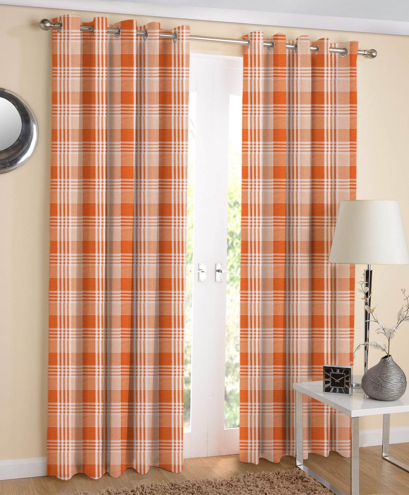 AIRWILL Cotton Checkered Finial Curtain with Bracket (4 x 5 ft, Orange) -Pack of 2