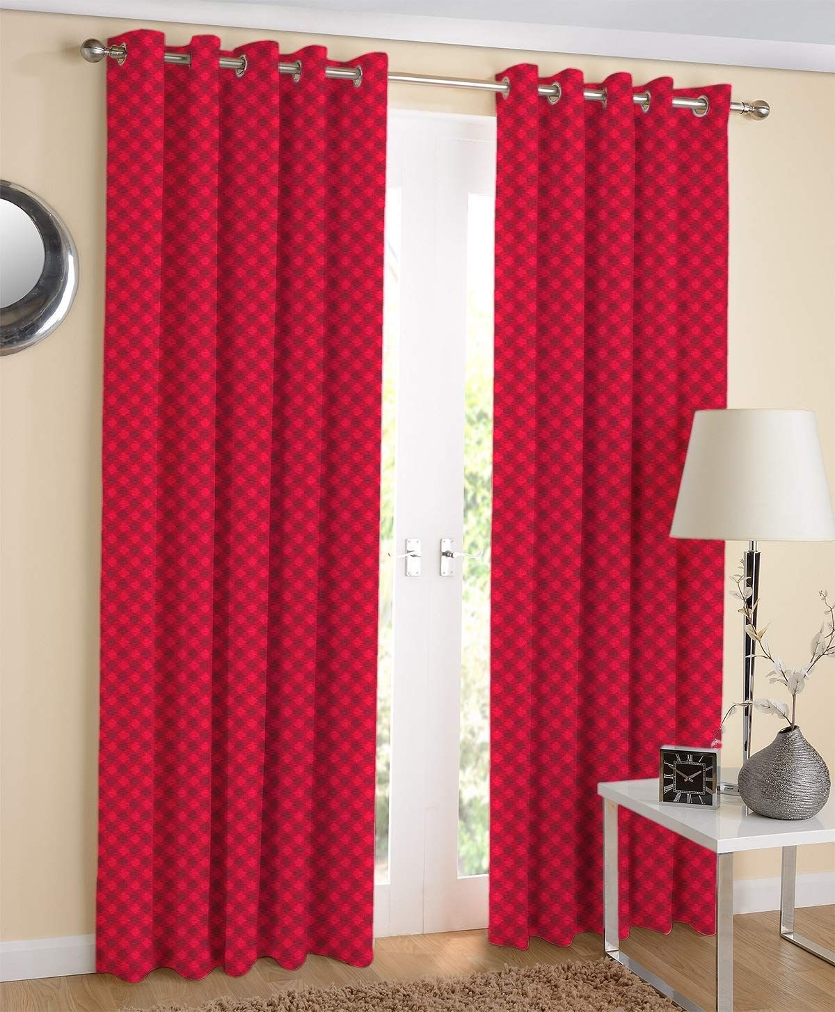 AIRWILL Cotton Checkered Window Curtains, Red, 4 x 5 ft, Pack of 2