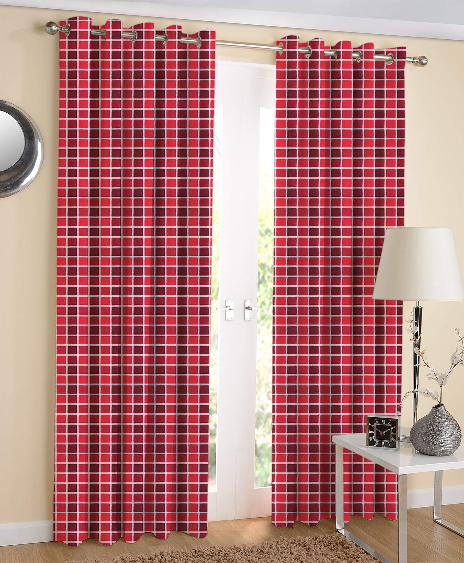 AIRWILL Cotton Checkered Window Curtain (4x7ft, Red and Maroon) -Pack of 2