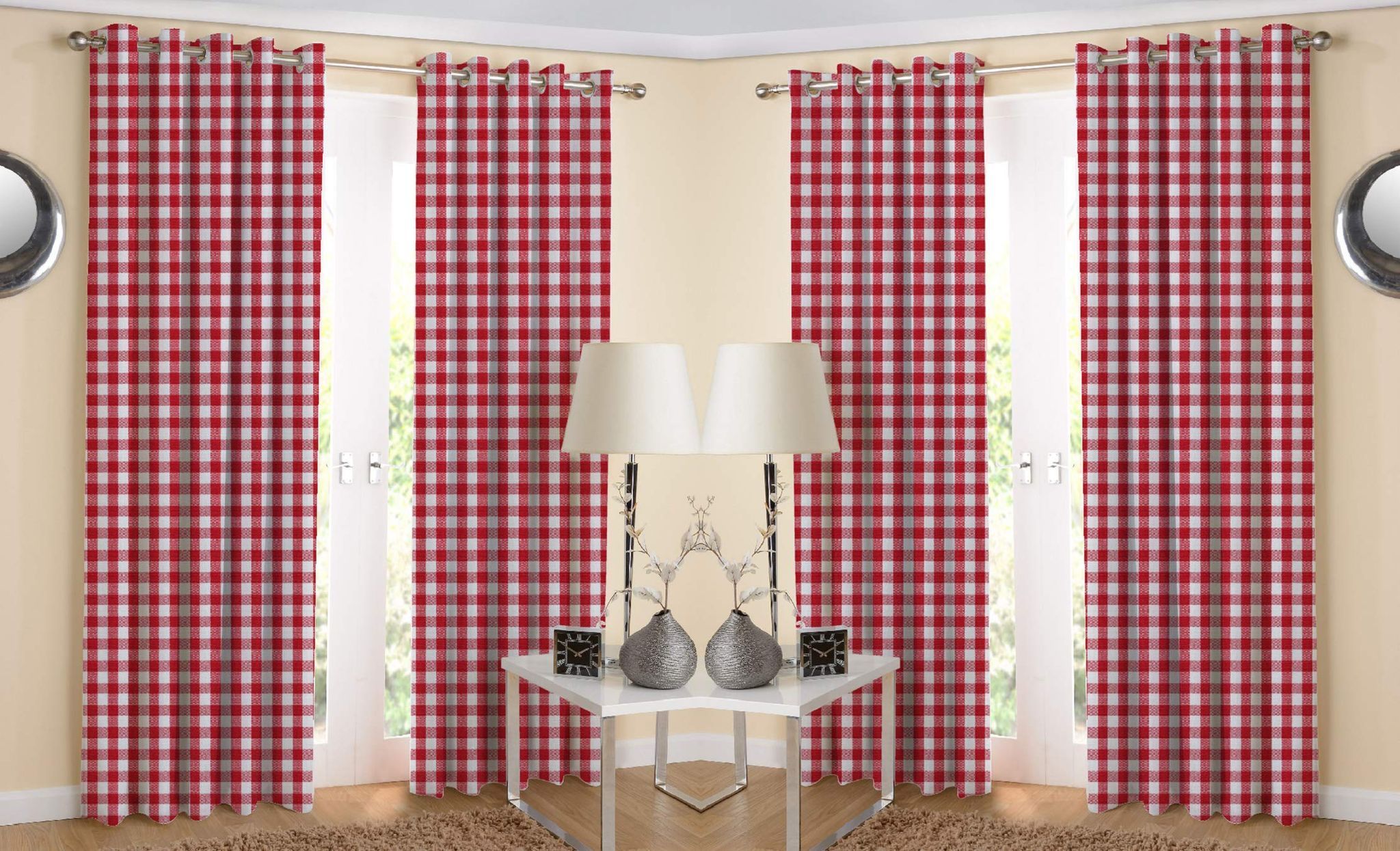 AIRWILL 100% Cotton Curtains Self Design Eyeleted Window 4 and 5 ft Curtains; Red - Pack of 4 Pieces