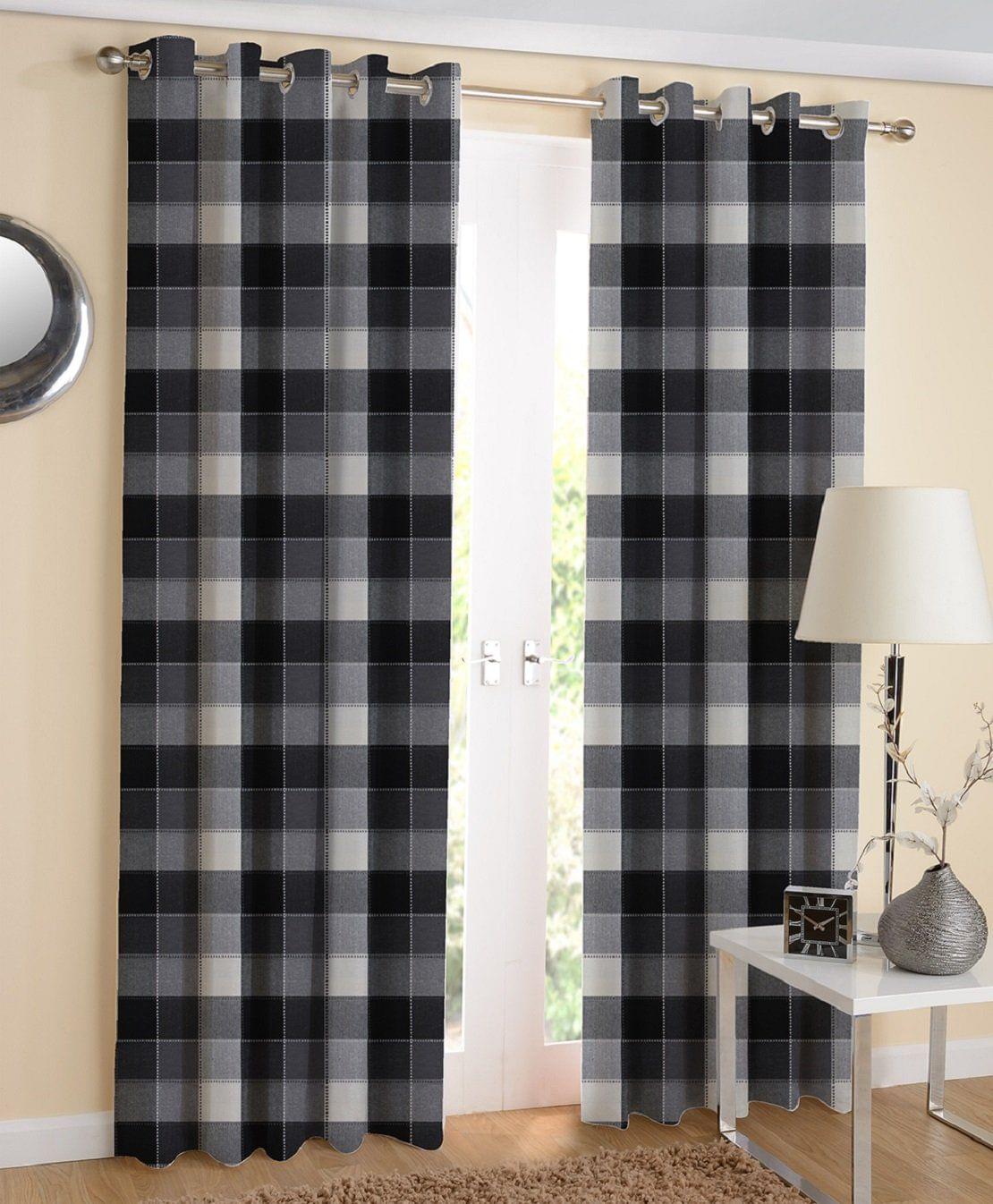 AIRWILL Cotton Checkered Window Curtain (4 x 5 feet, Black) - Pack of 2