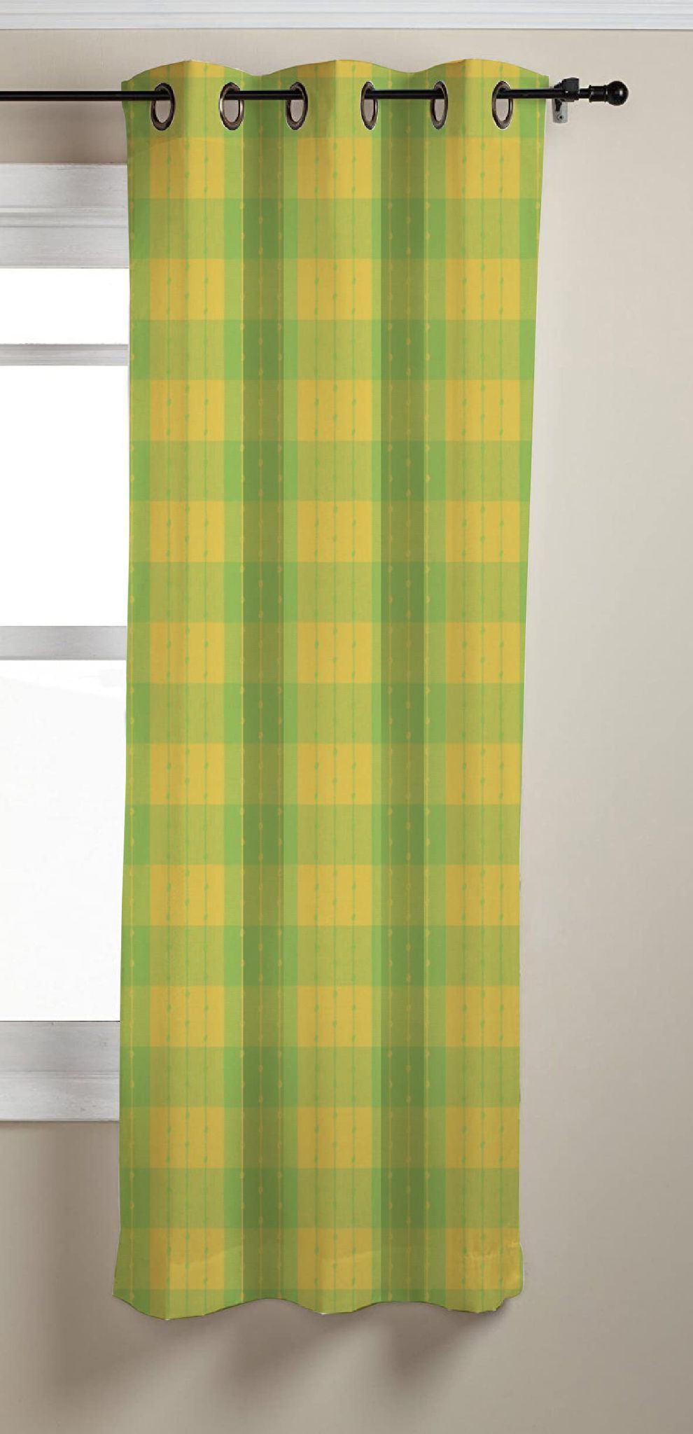 AIRWILL, Cotton Checkered Pattern Window - 4x5ft Curtains - (Pack of 1 pc) - Green, Yellow