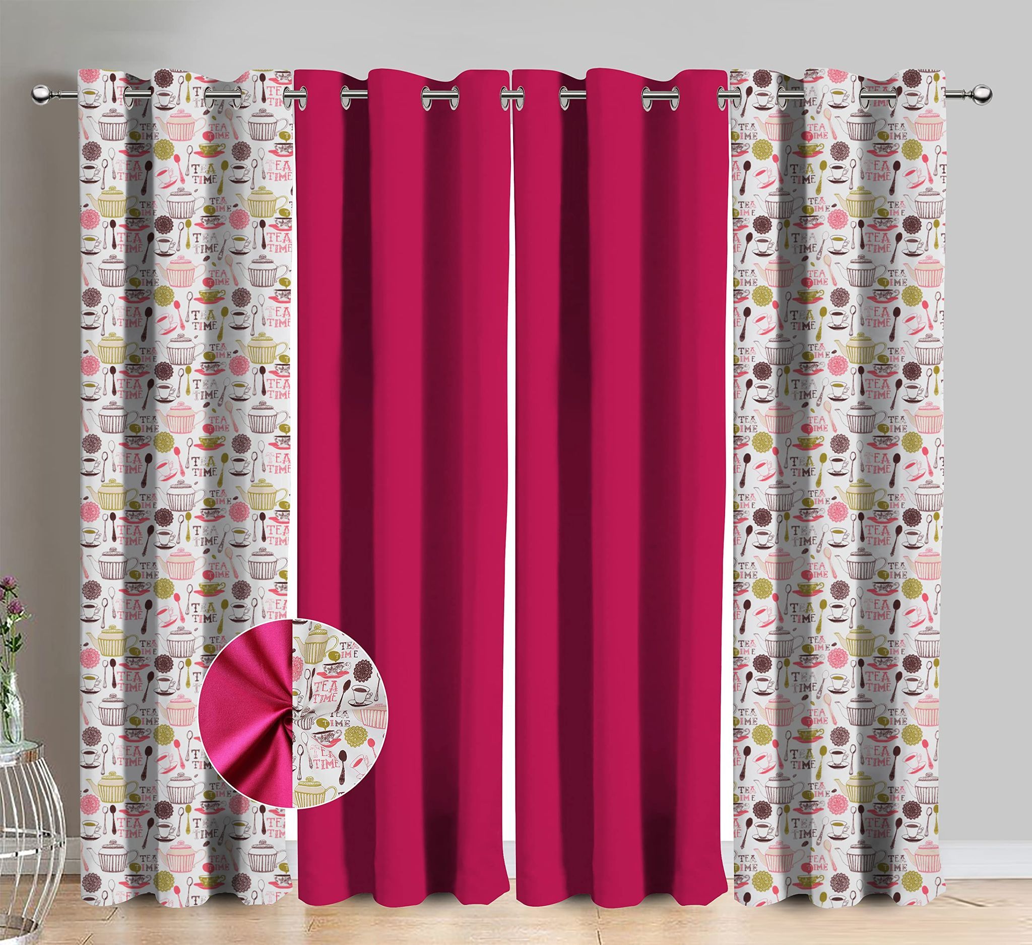 AIRWILL Cotton Tea Time Pink Printed & Solid Pattern Window Curtains 153 / 5ft Length - (Pink, Pack of 4)