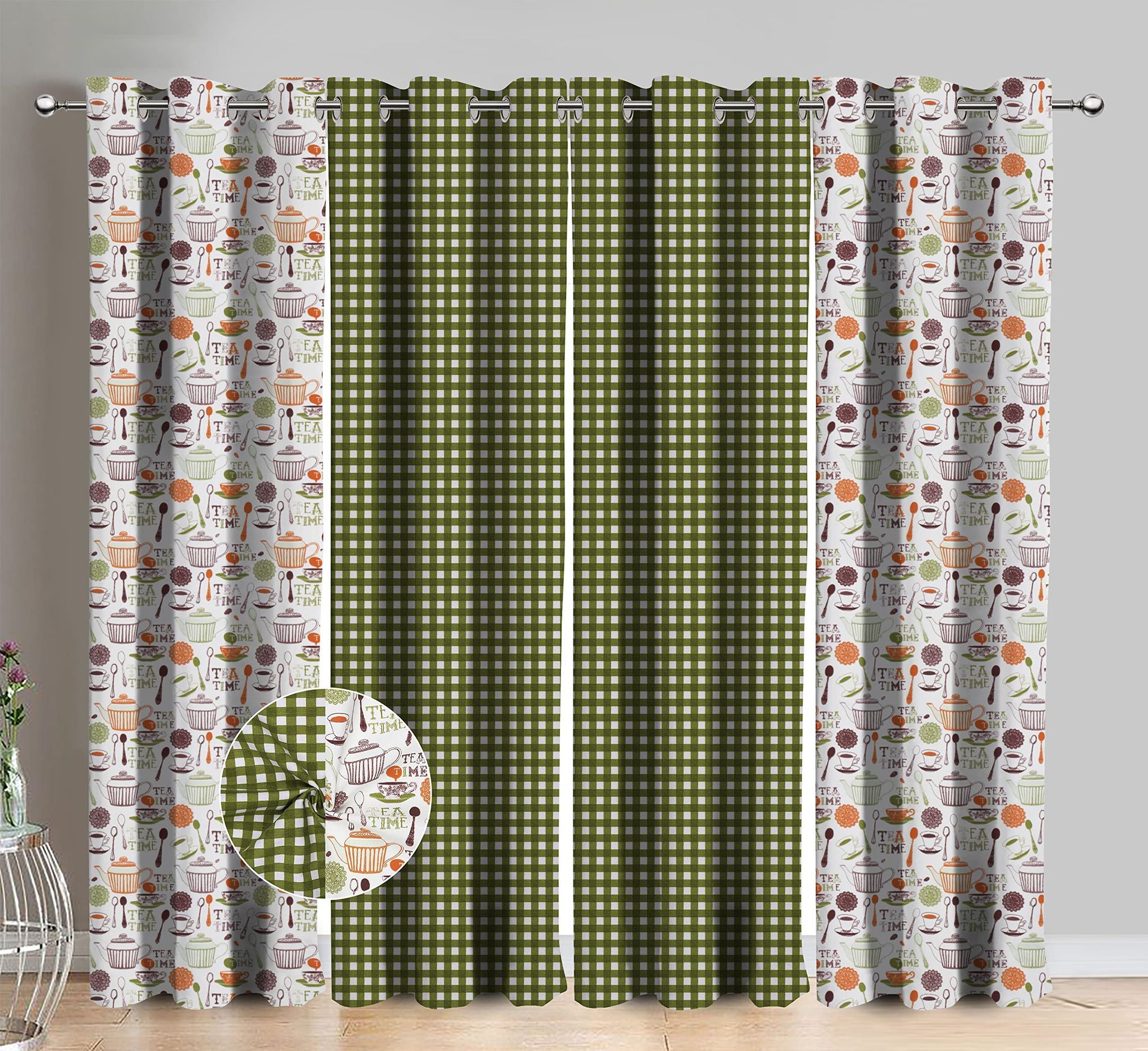 AIRWILL Cotton Tea Time Green Printed & Solid Pattern Window Curtains 153 / 5ft Length - (Green, Pack of 4)