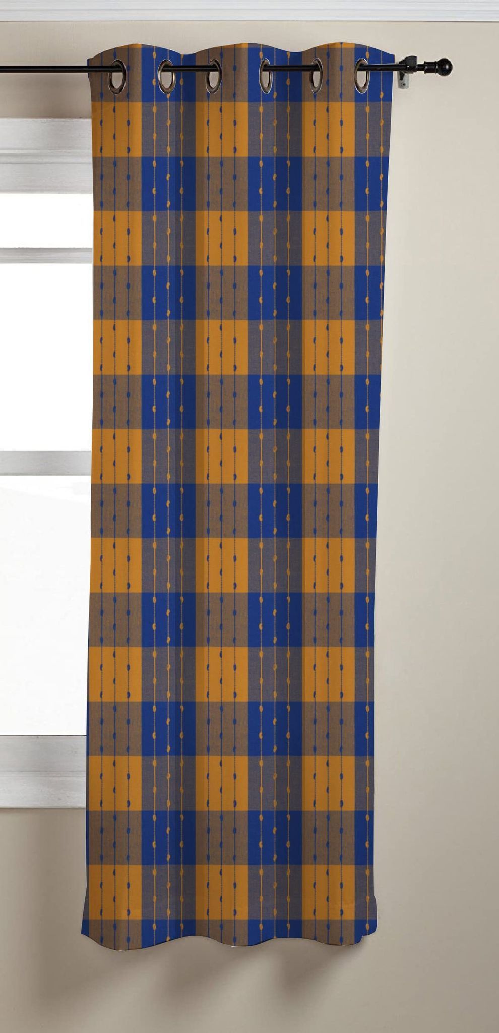AIRWILL, Cotton Checkered Pattern Window - 4x5ft Curtains - (Pack of 1 pc) - Blue, Yellow