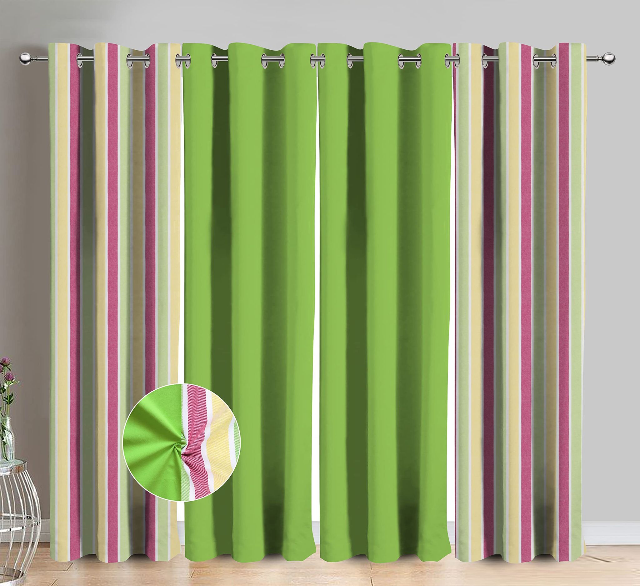 AIRWILL Cotton Candy Stipe Green Striped & Solid Pattern Window Curtains 153 / 5ft Length - (Green, Pack of 4)