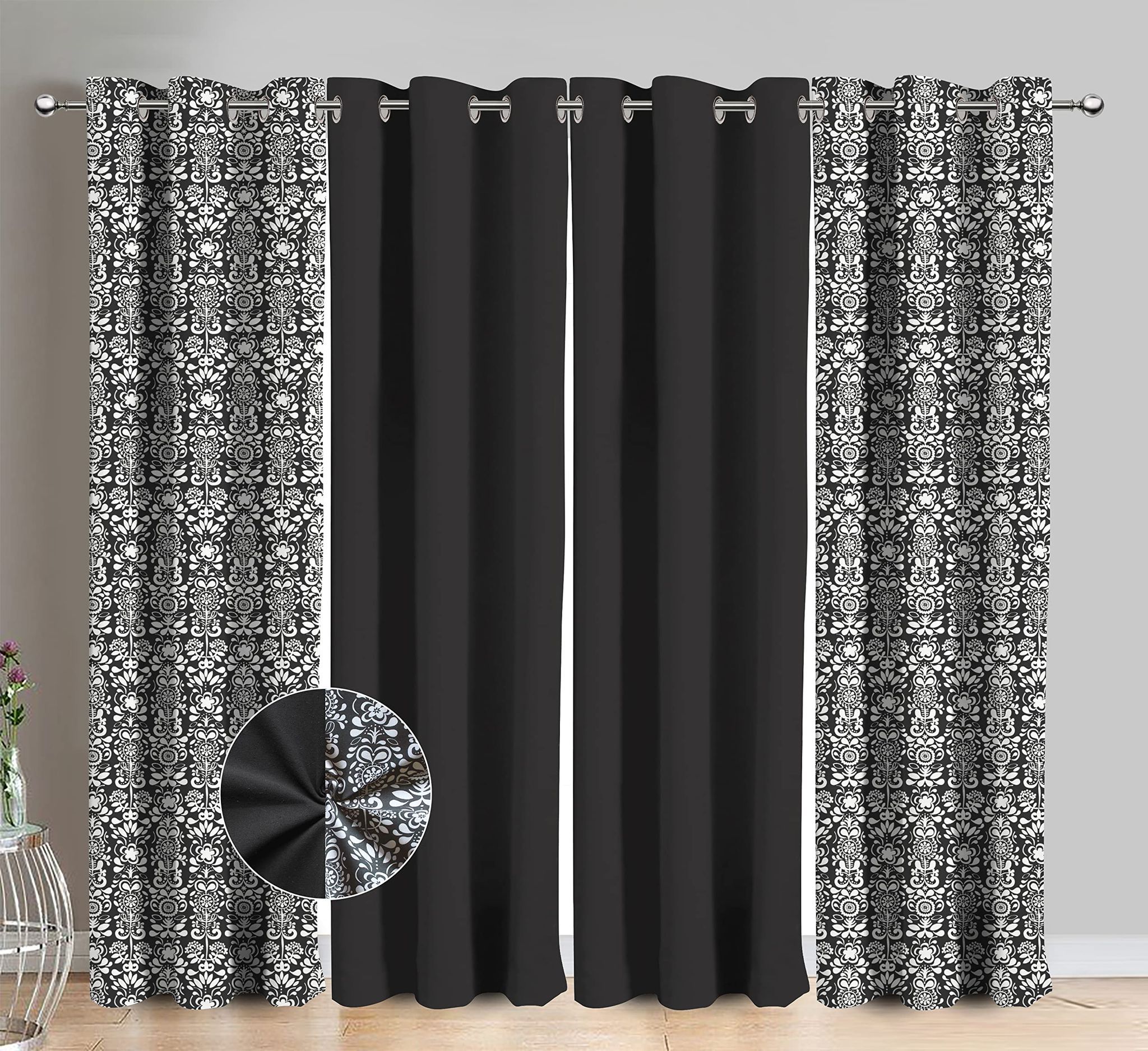 AIRWILL Cotton Gray Damask Printed & Solid Pattern Window Curtains 153 / 5ft Length - (Grey, Pack of 4)