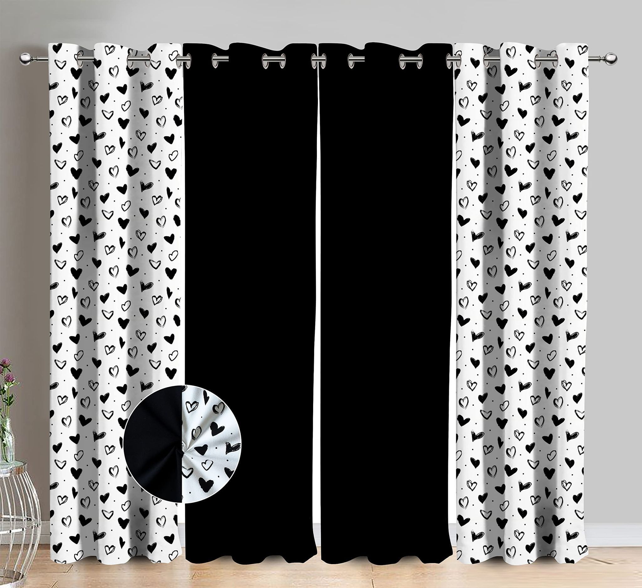 AIRWILL Cotton Neem Leaf Printed & Solid Pattern Window Curtains 153 / 5ft Length - (Black, Pack of 4)