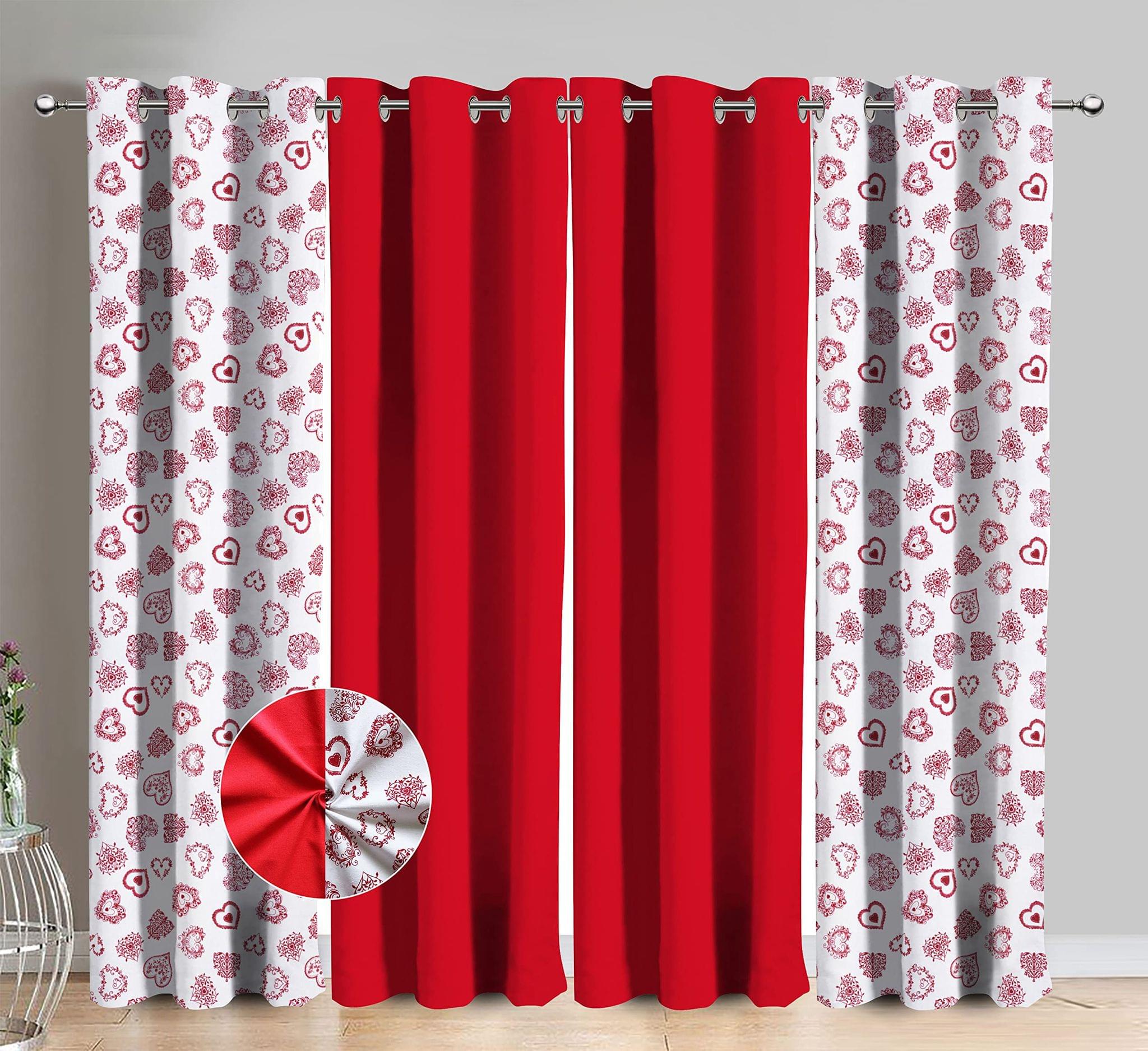 AIRWILL Cotton X Mass Heart Printed & Solid Pattern Window Curtains 153 / 5ft Length - (Red, Pack of 4)