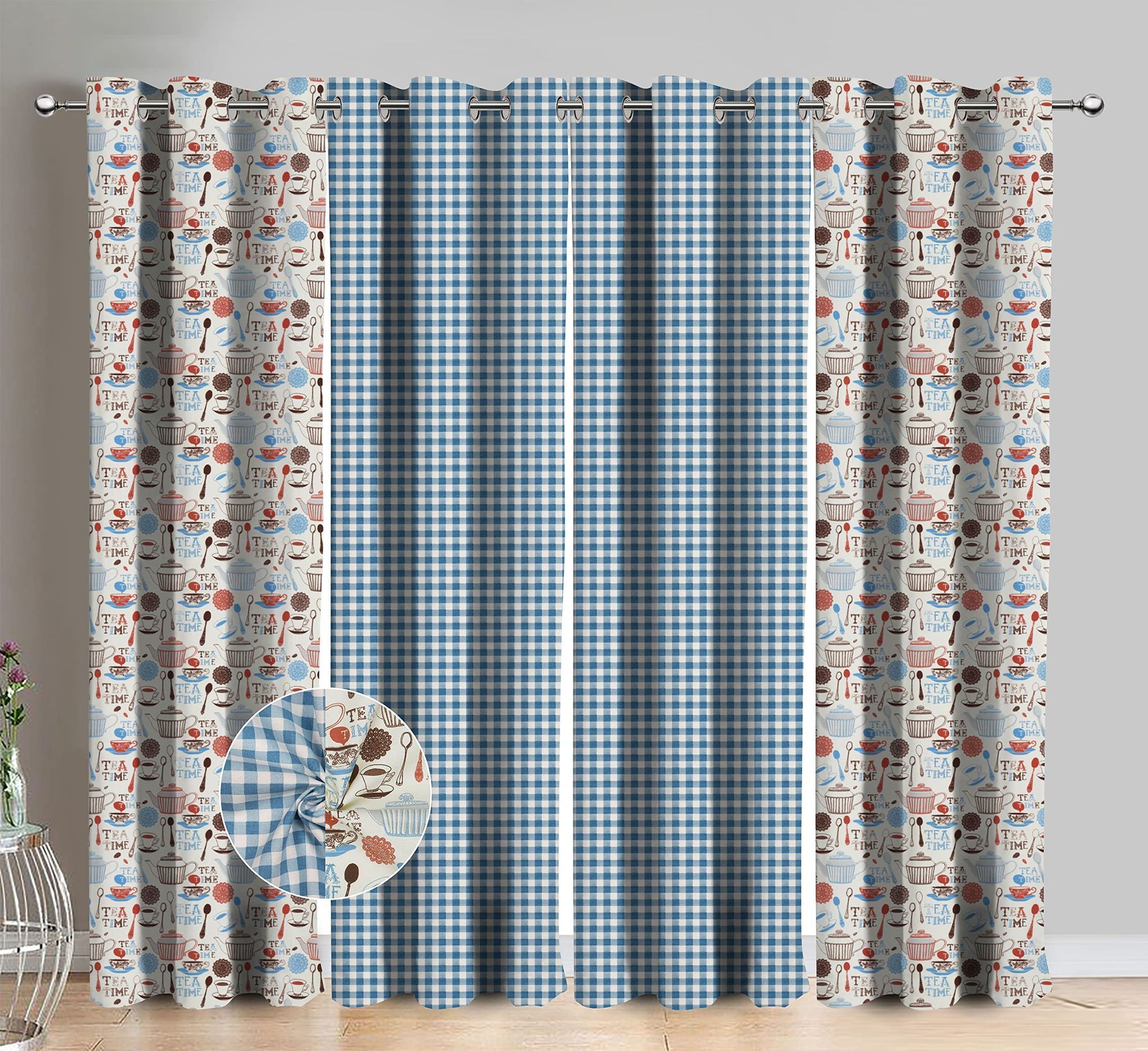 AIRWILL Cotton Blue Pasiley Printed & Solid Pattern Window Curtains 153 / 5ft Length - (Blue, Pack of 4)