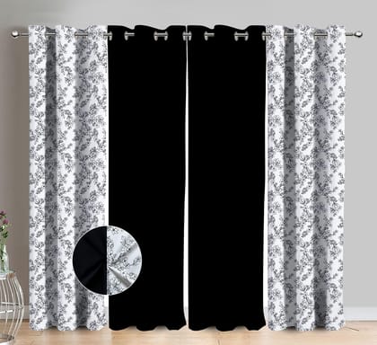 AIRWILL Cotton Single Leaf Black Floral & Solid Pattern Window Curtains 153 / 5ft Length - (Black, Pack of 4)