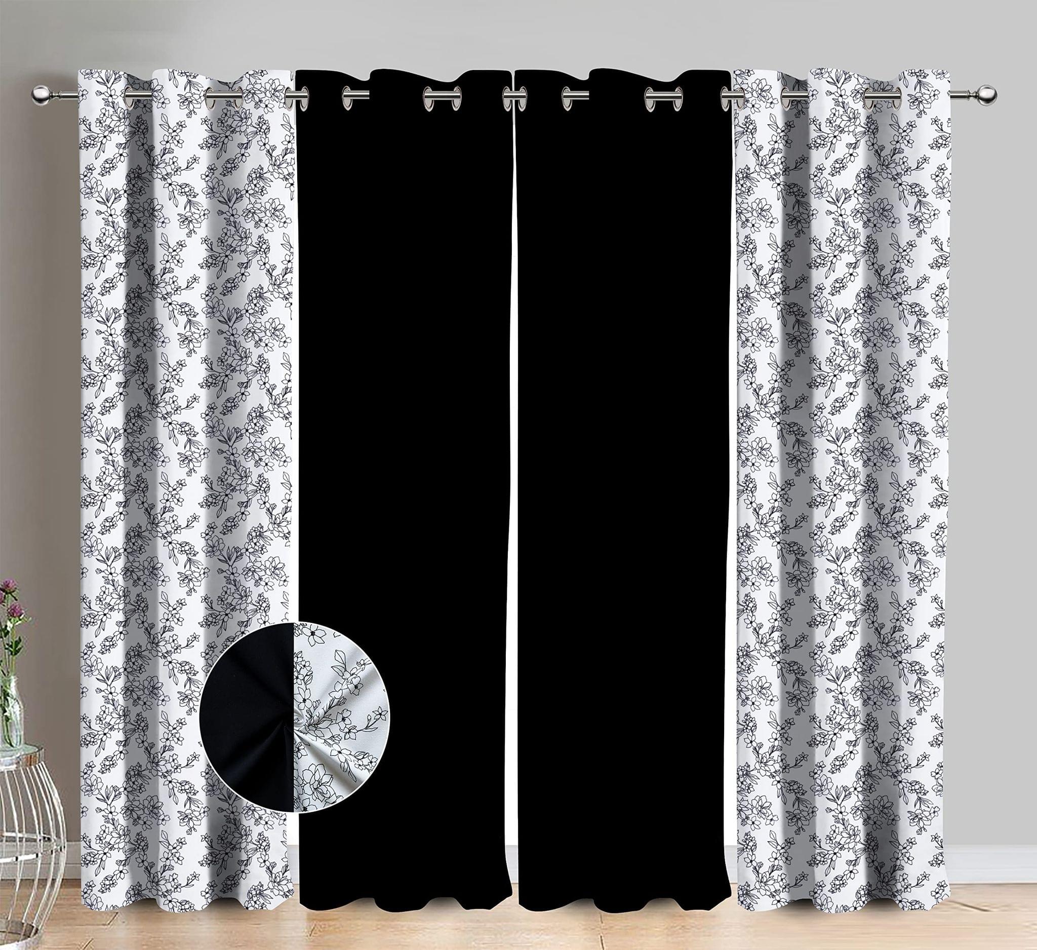AIRWILL Cotton Single Leaf Black Floral & Solid Pattern Window Curtains 153 / 5ft Length - (Black, Pack of 4)