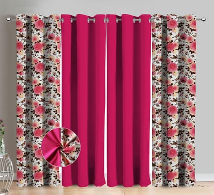 AIRWILL Cotton Small Pink Rose Floral & Solid Pattern Window Curtains 153 / 5ft Length - (Pink, Pack of 4)