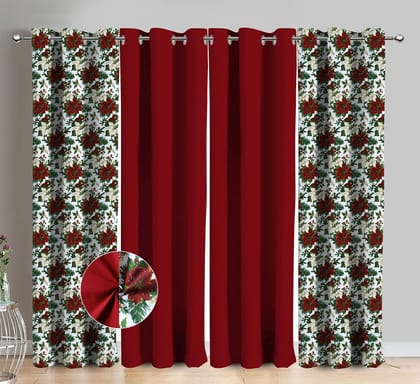 AIRWILL Cotton Maroon Flower Floral & Solid Pattern Window Curtains 153 / 5ft Length - (Red, Pack of 4)