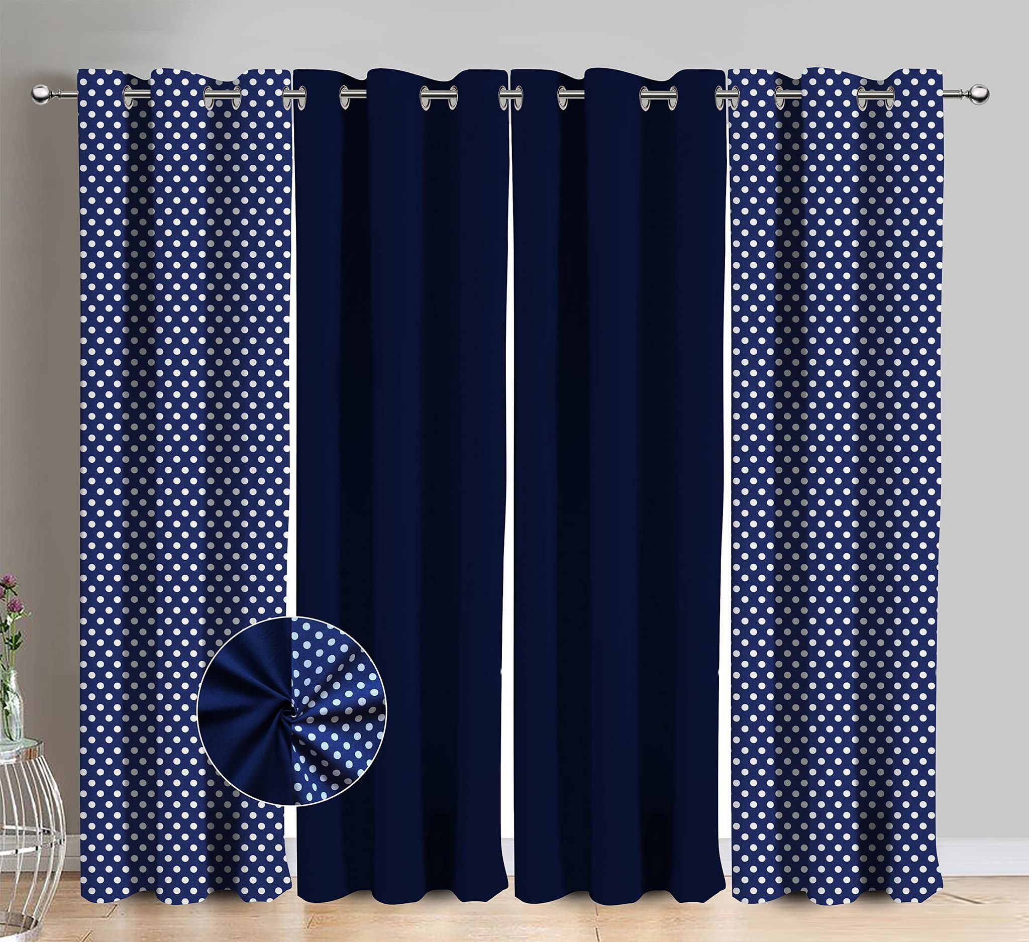 AIRWILL Cotton Polka Dot Blue Polka & Solid Pattern Window Curtains 153 / 5ft Length - (Blue, Pack of 4)