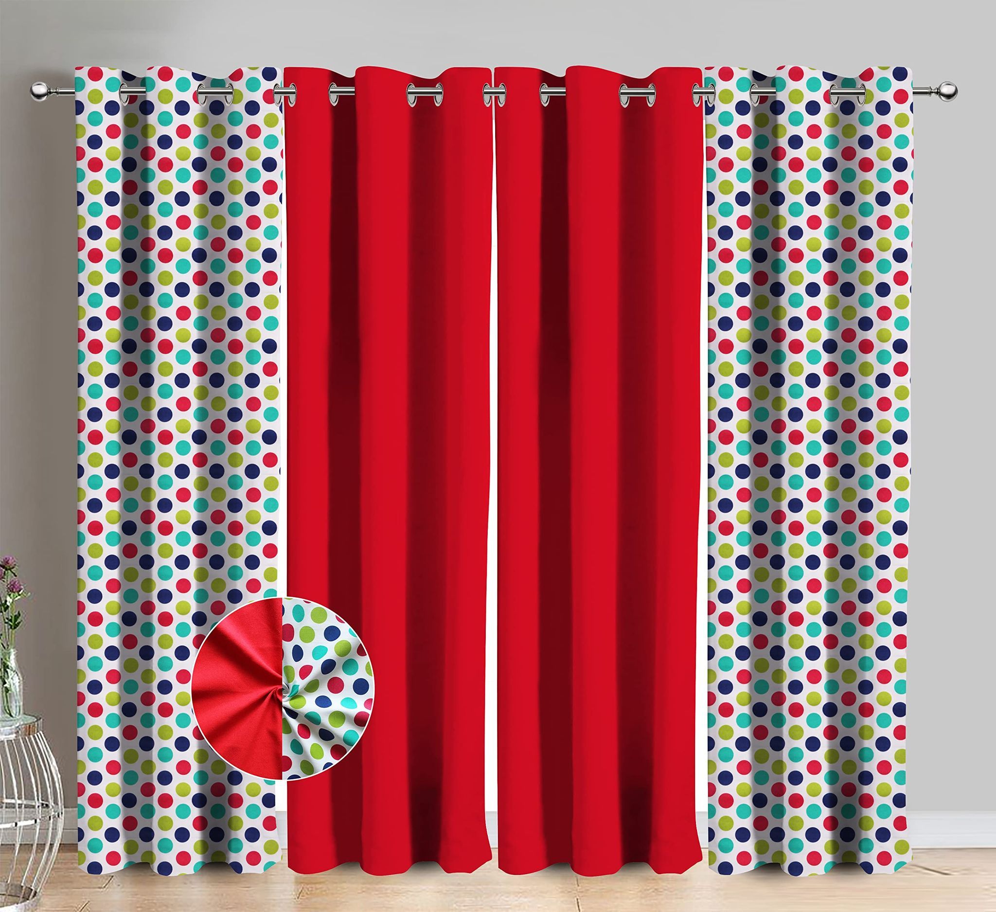 AIRWILL Cotton Polka Dot Red Polka & Solid Pattern Window Curtains 153 / 5ft Length - (Red, Pack of 4)