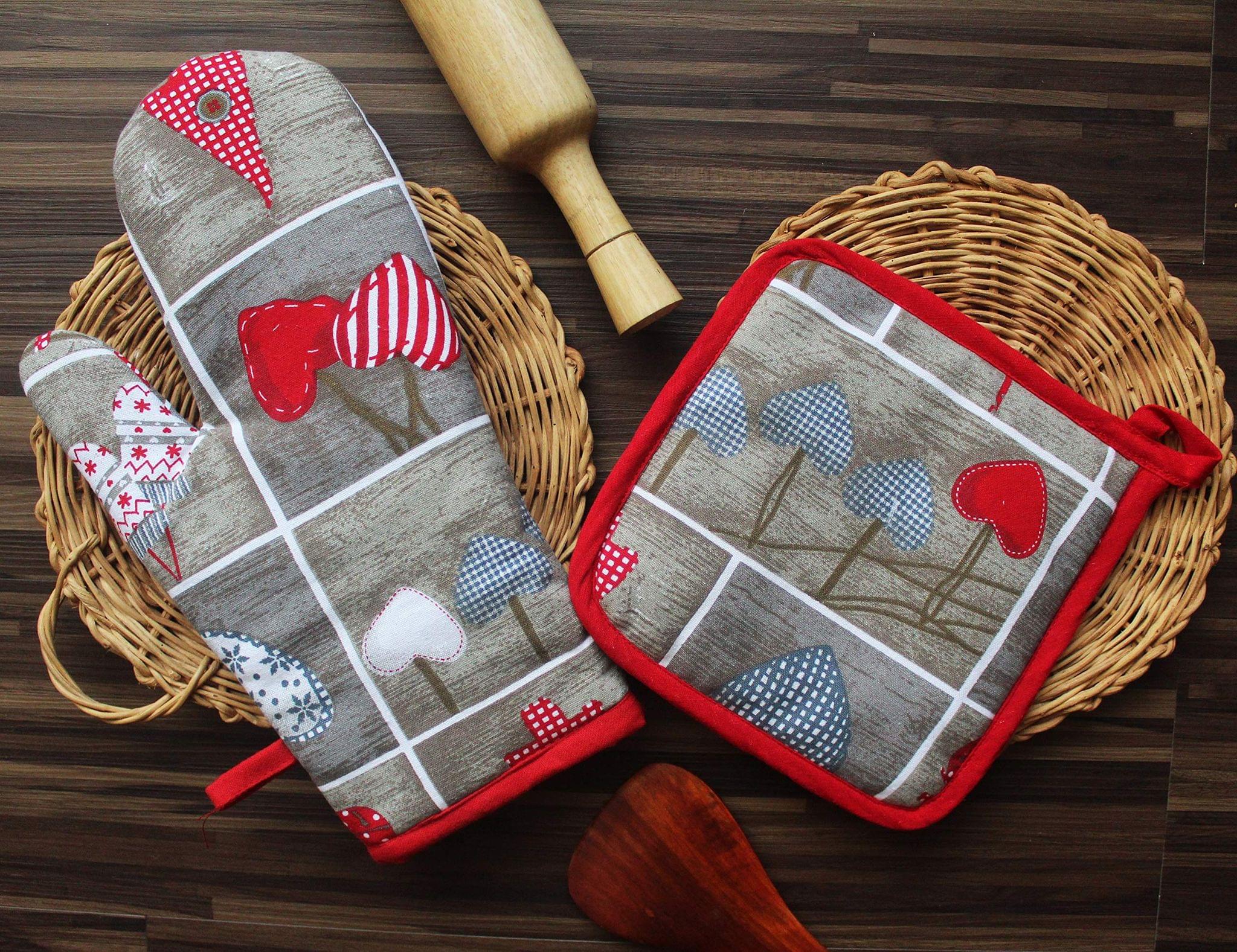 Airwill ? Cotton Designer Pattern Heat Resistant Kitchen Linens (1 Oven Mitt & 1 Pot Holder) (Grey,Red)
