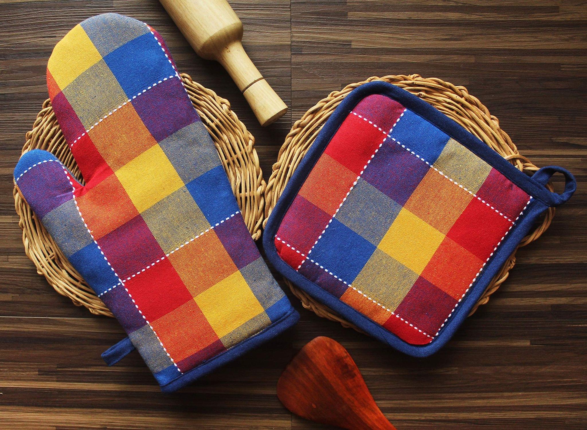 Airwill ? Cotton Designer Pattern Heat Resistant Kitchen Linens (1 Oven Mitt & 1 Pot Holder) (Multicolor)