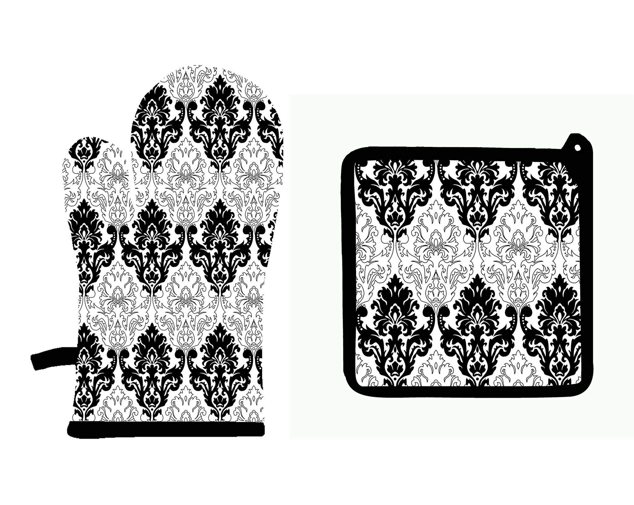 Airwill ? Cotton Designer Pattern Heat Resistant Kitchen Linens (1 Oven Mitt & 1 Pot Holder) (Black,White)