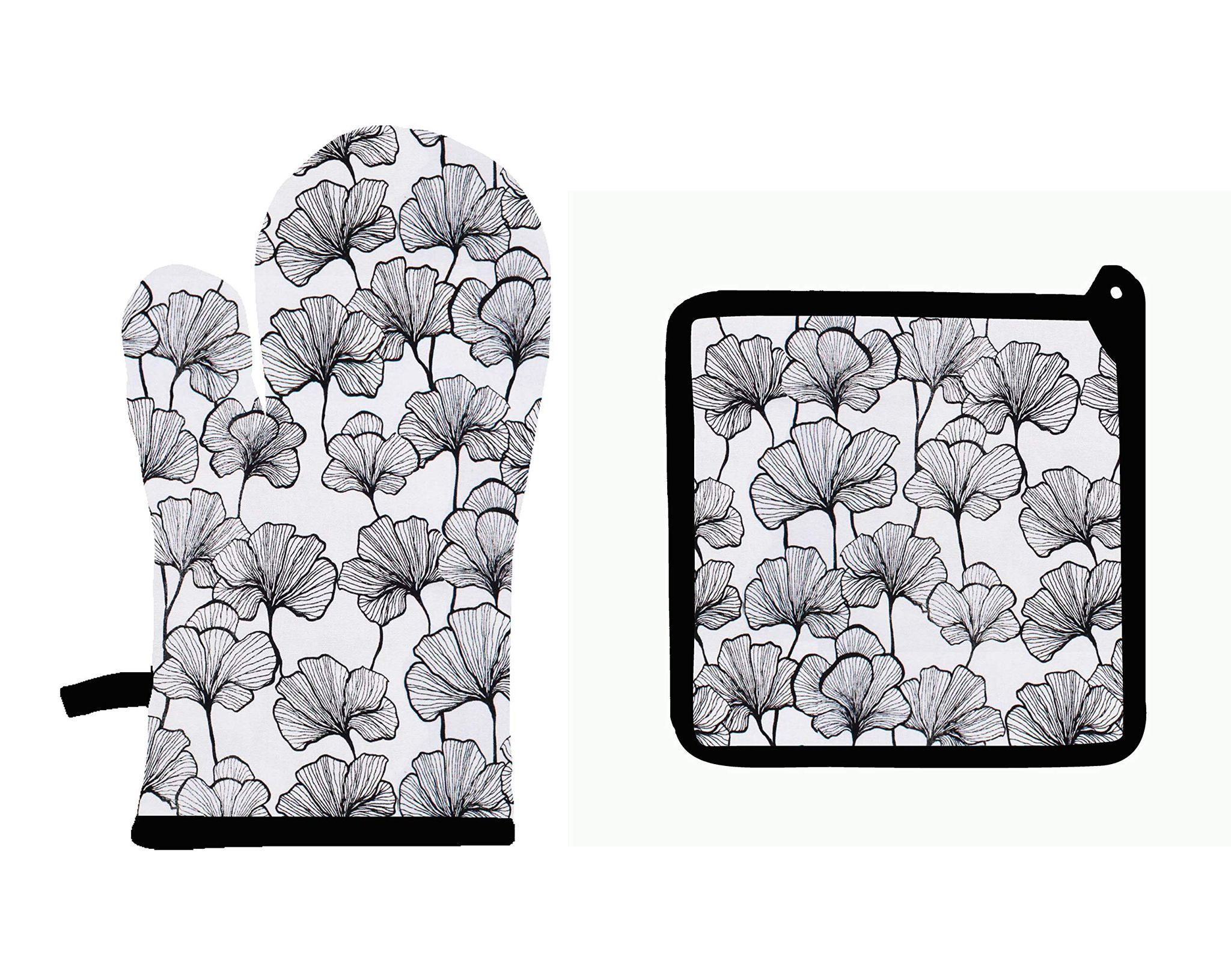 Airwill ? Cotton Designer Pattern Heat Resistant Kitchen Linens (1 Oven Mitt & 1 Pot Holder) (White,Black)