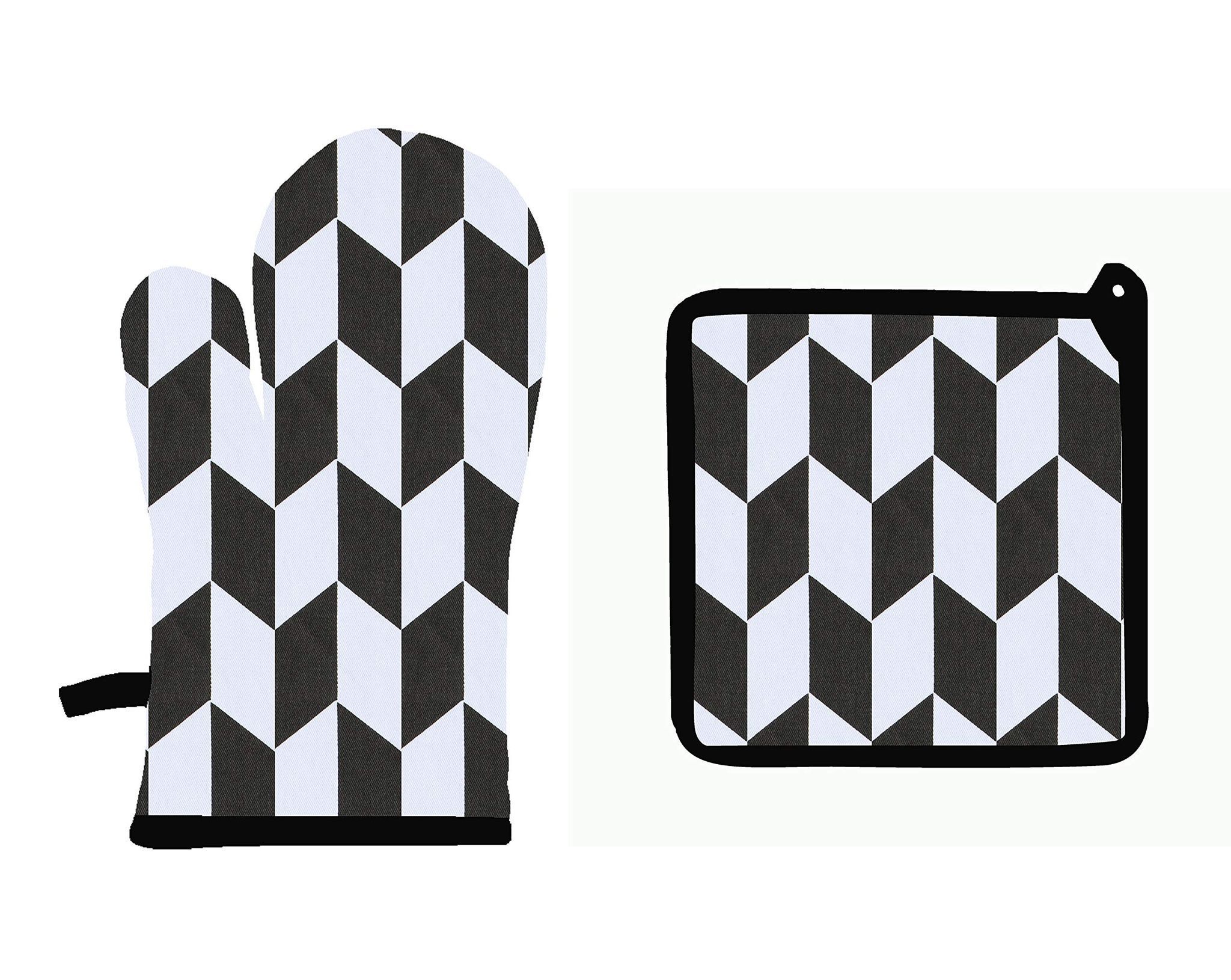 Airwill ? Cotton Designer Pattern Heat Resistant Kitchen Linens (1 Oven Mitt & 1 Pot Holder) (Black,White)
