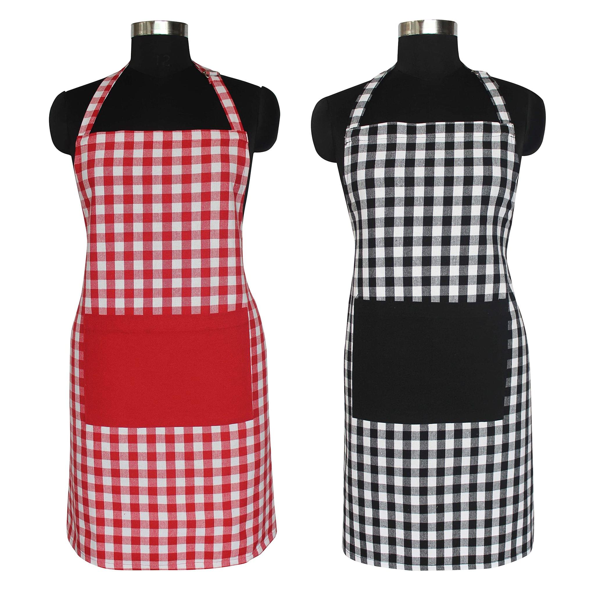 AIRWILL Cotton Kitchen Cooking Aprons for women & men (Checks, Red & Black) - Pack of 2 pcs