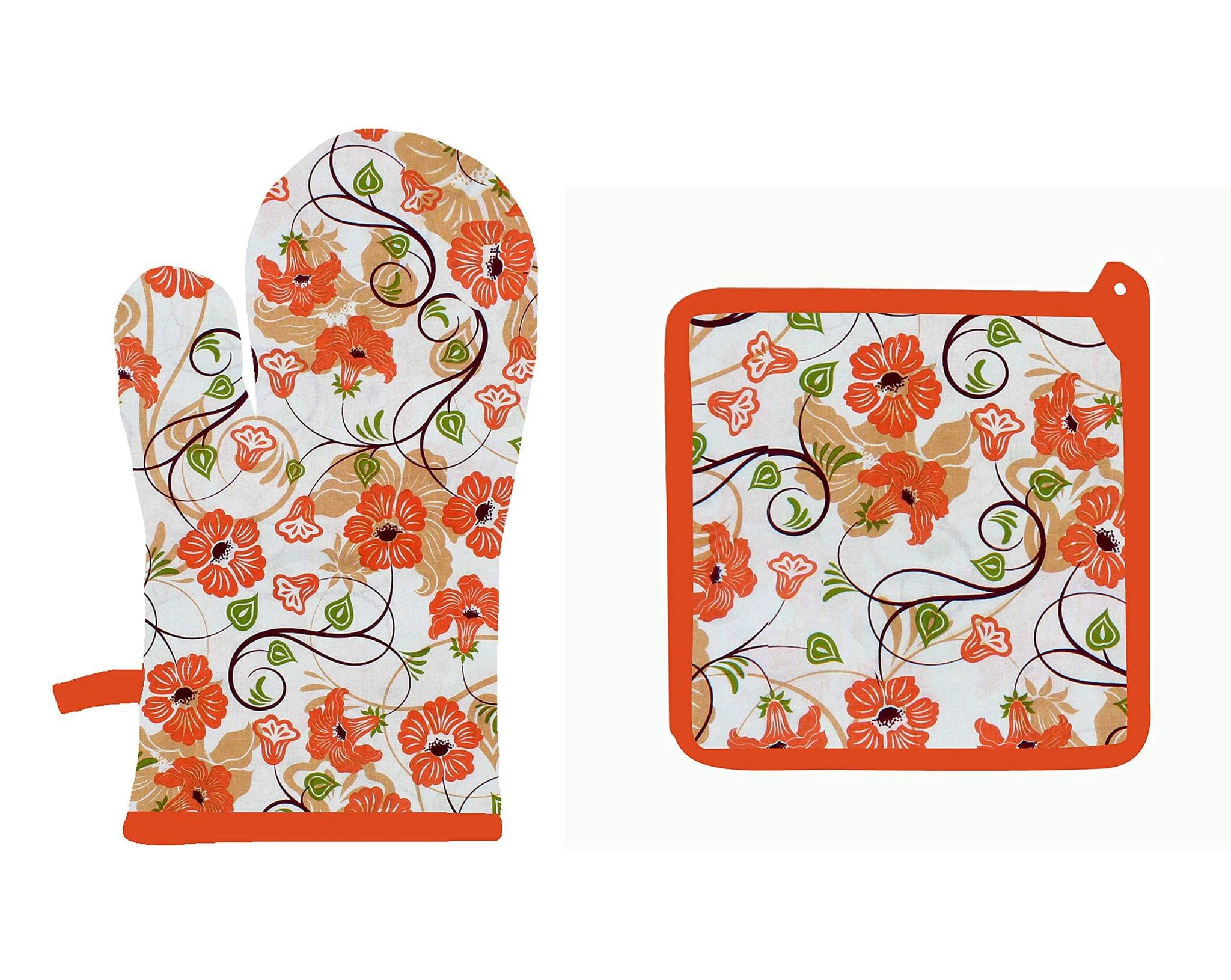 Airwill ? Cotton Designer Pattern Heat Resistant Kitchen Linens (1 Oven Mitt & 1 Pot Holder) (Orange,White)
